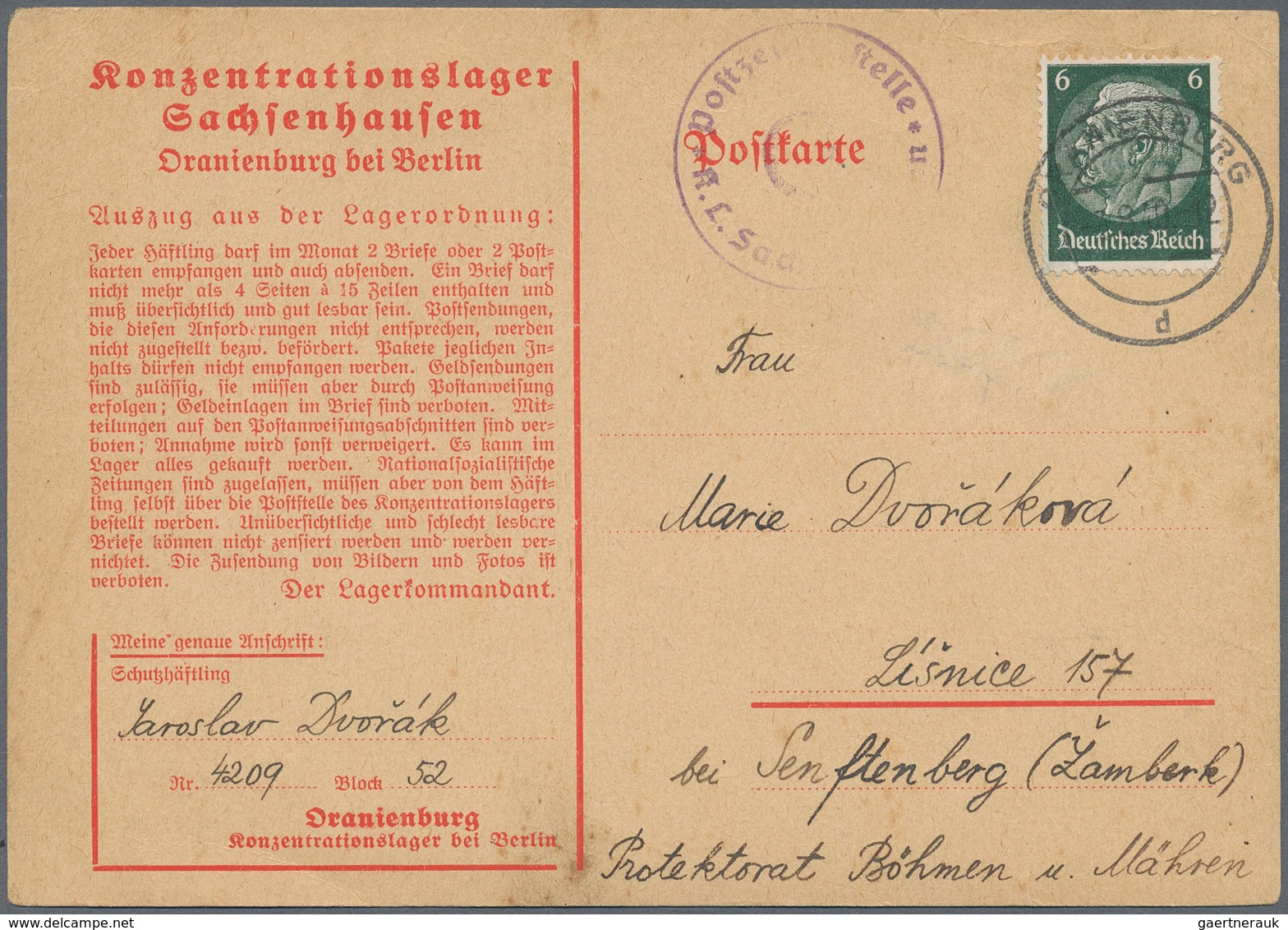 KZ-Post: KZ SACHSENHAUSEN: 1940, Vordruck-Postkarte Nach Lisnice - Covers & Documents