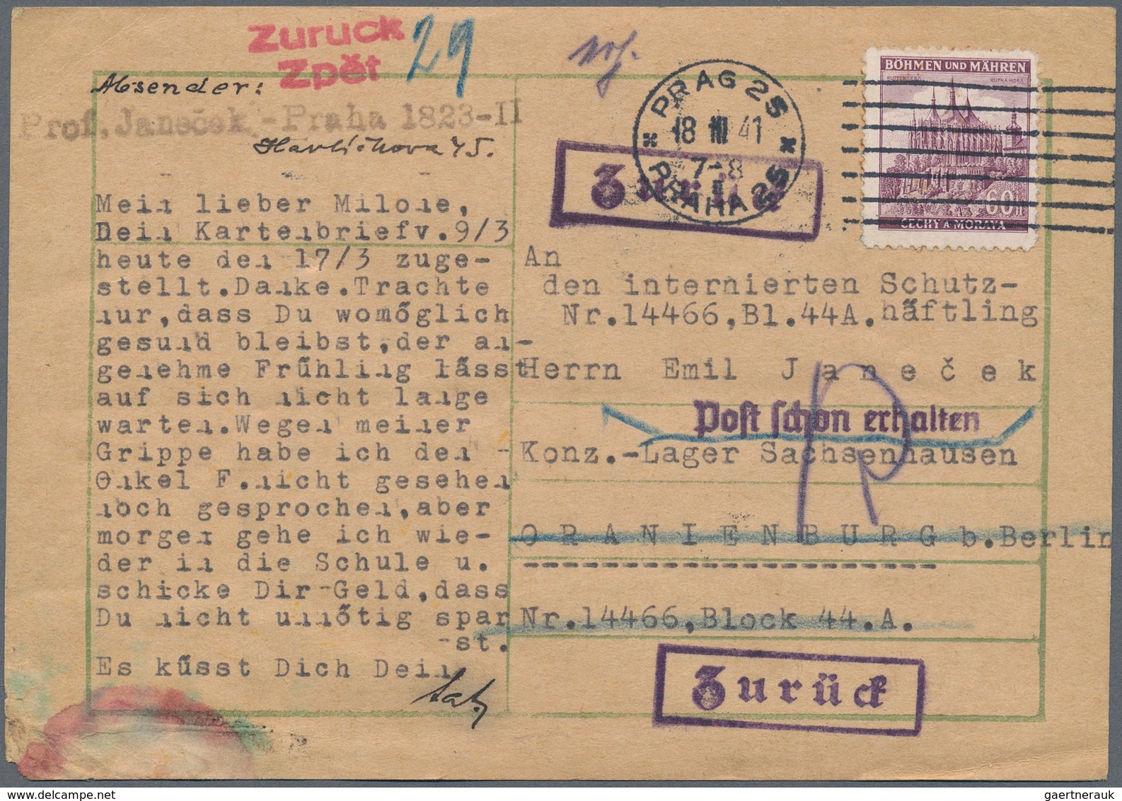 KZ-Post: KZ SACHSENHAUSEN: 1941, Postkarte Ins KZ Mit Kompletter Schreibmaschinenschrift Vorderseiti - Covers & Documents