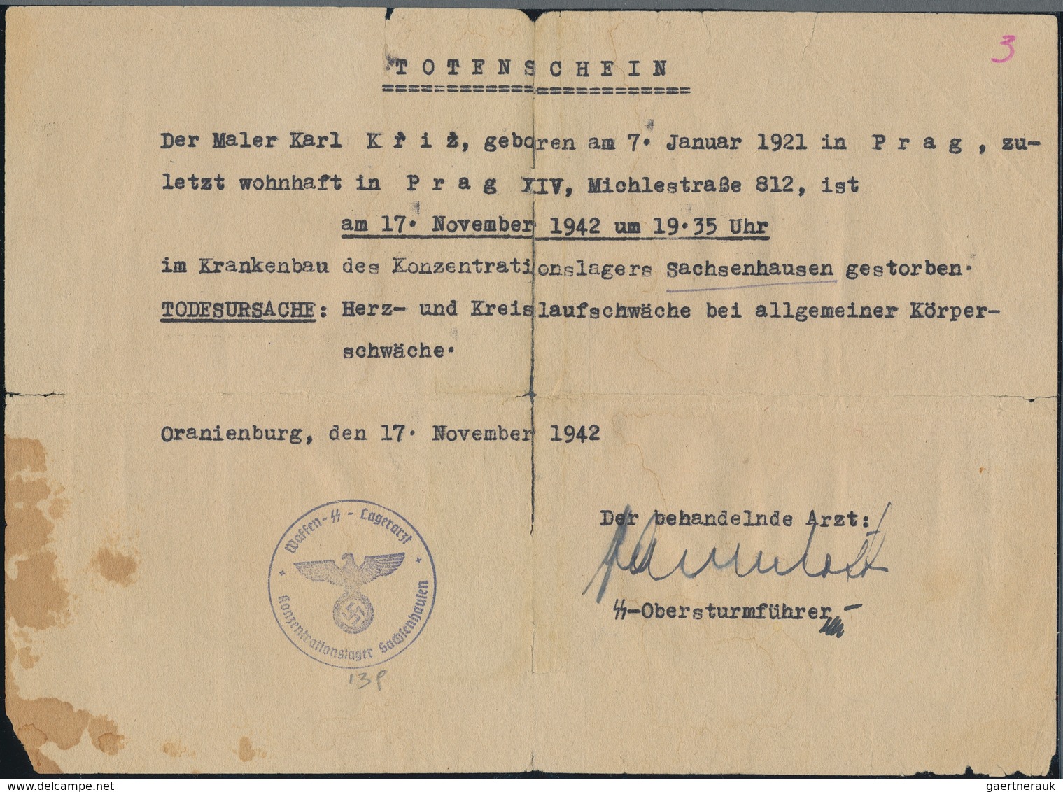 KZ-Post: KZ SACHSENHAUSEN: 1942, Totenschein Aus Dem KZ Mit Seltenem Siegelstempel "Waffen-SS-Lagera - Covers & Documents