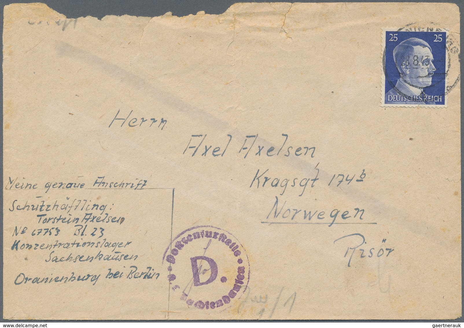 KZ-Post: KZ SACHSENHAUSEN: 1943, Neutraler Briefumschlag (Mängel) Eines Norwegischen Gefangenen Nach - Covers & Documents