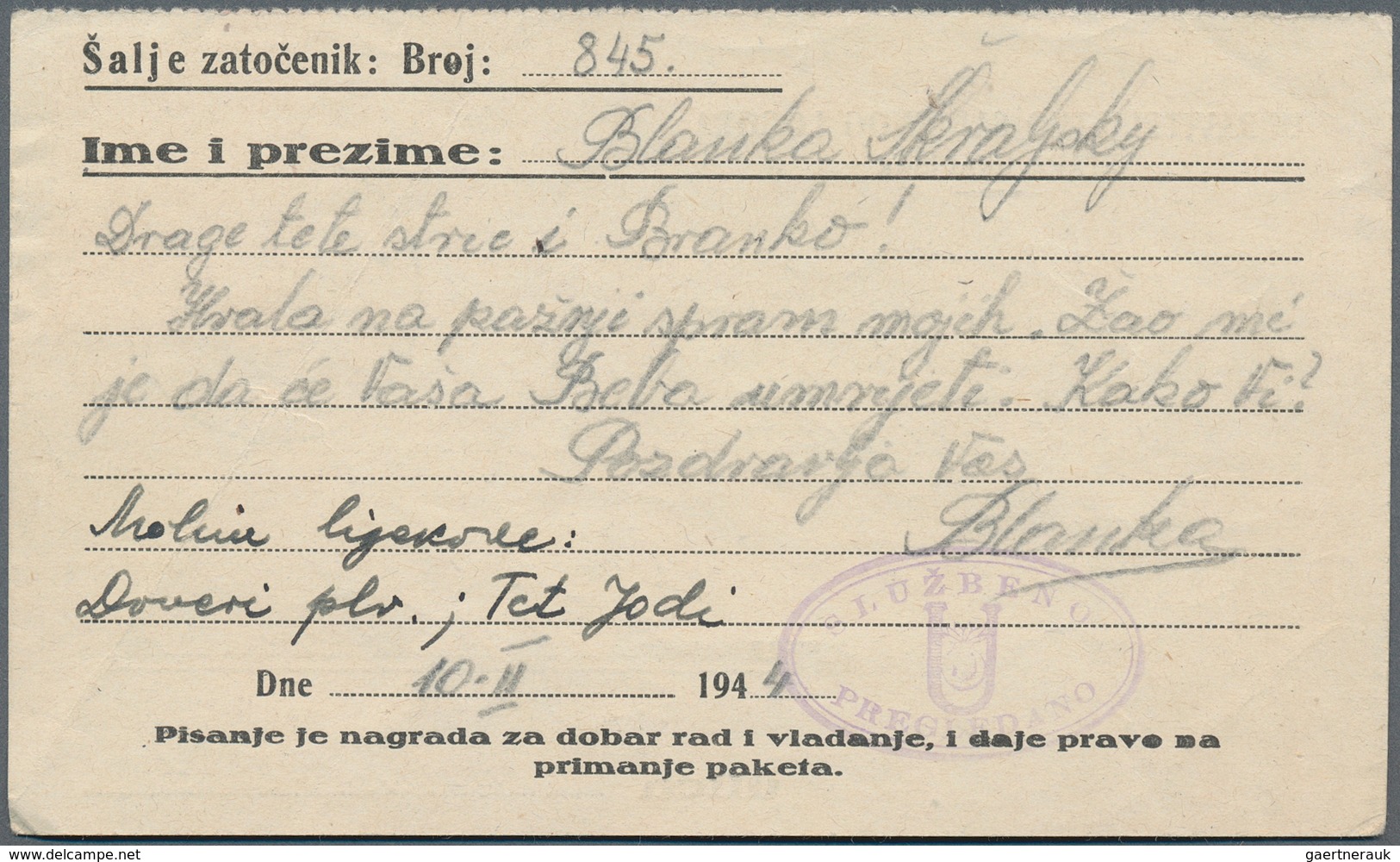 KZ-Post: 1942/1944, Fünf Vordruckkarten Von Häftlingen Aus Den Kroatischen Konzentrationslagern Star - Covers & Documents