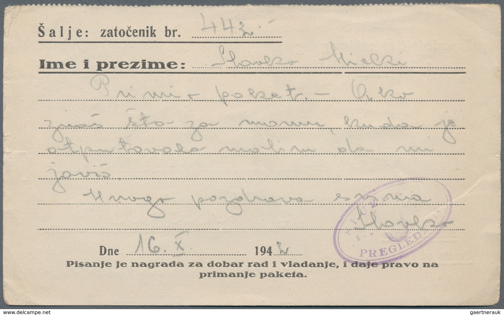 KZ-Post: 1942/1944, fünf Vordruckkarten von Häftlingen aus den kroatischen Konzentrationslagern Star