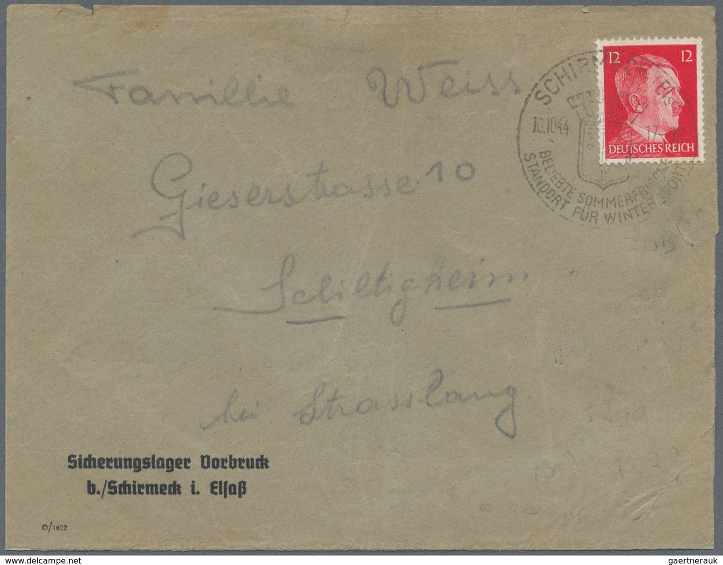 KZ-Post: Sicherlungslager Vorbruck: 1944, Vordruckbrief Aus "SCHIRMECK 10.10.44" Mit 12 Pfg. Hitler - Covers & Documents