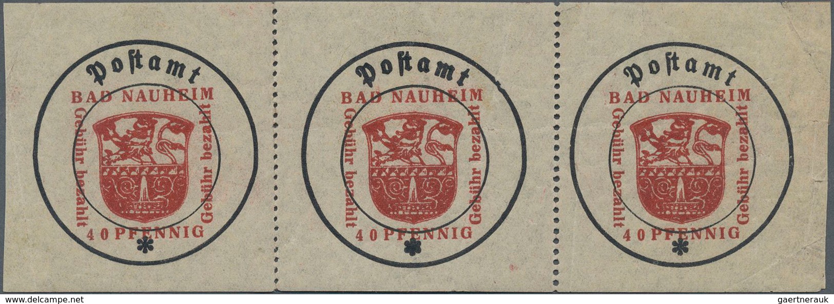 Deutsche Lokalausgaben Ab 1945: BAD NAUHEIM: 1945 40 Pfg. Rot, Versuchsdruck Im Waagerechten 3er-Str - Autres & Non Classés