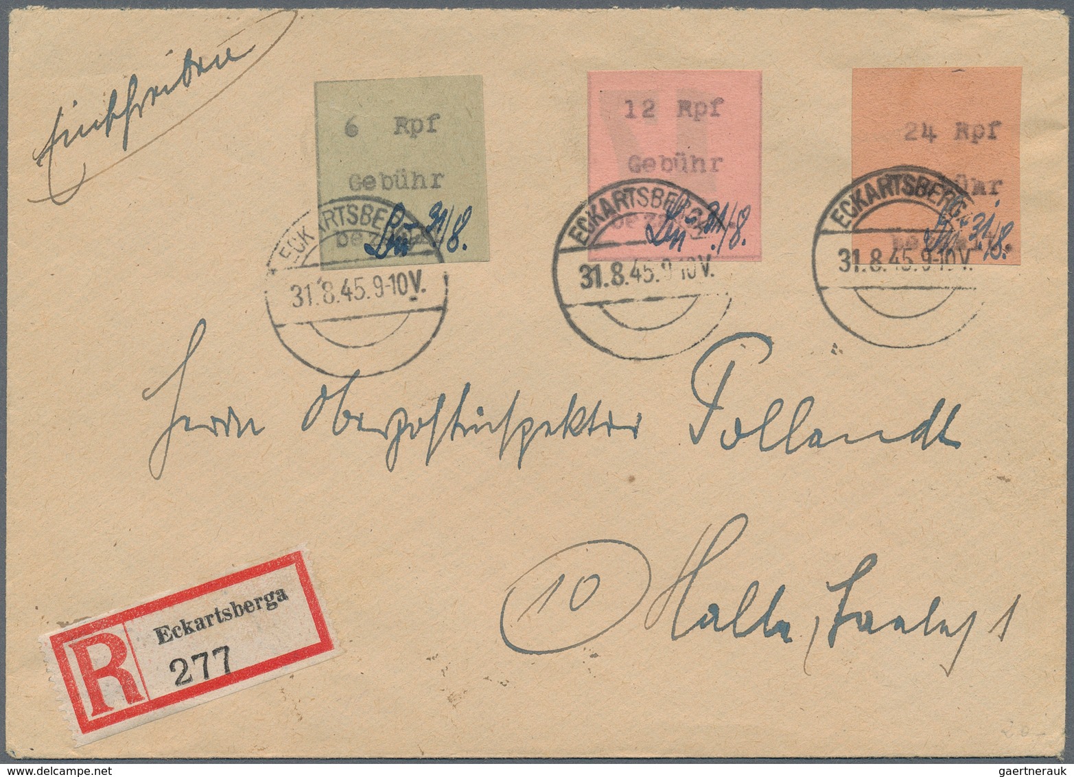 Deutsche Lokalausgaben Ab 1945: ECKARTSBERGA: 1945, 6, 12 Und 24 Rpf. Gebührenzettel Auf R-Brief Vom - Autres & Non Classés