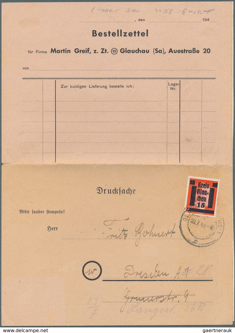 Deutsche Lokalausgaben Ab 1945: GLAUCHAU: 1945, 15 Auf 8 Pfg. Hitler Zinnober Als Einzelfrankatur Au - Autres & Non Classés