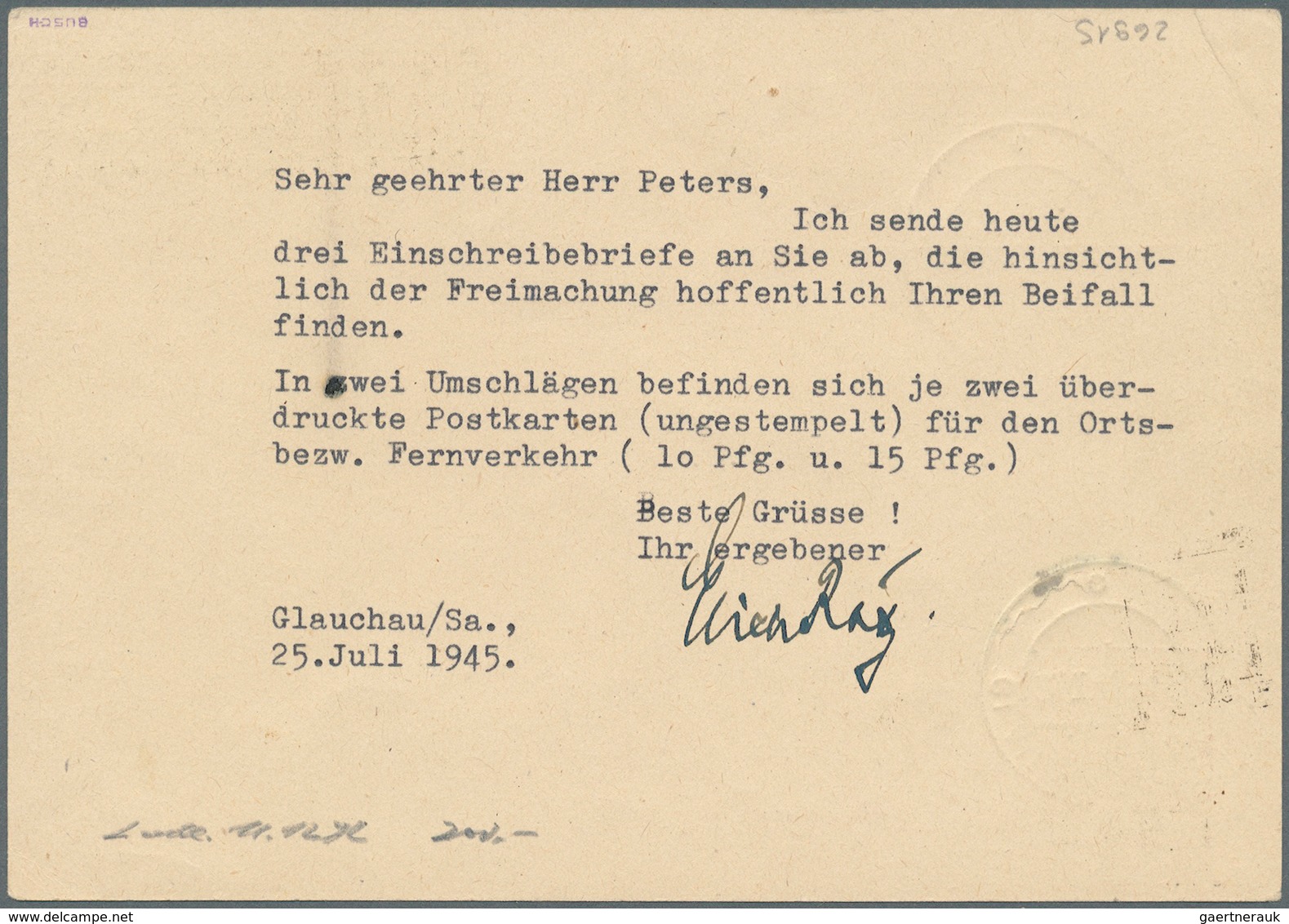 Deutsche Lokalausgaben Ab 1945: GLAUCHAU: 1945, 15 Auf 6 Pfg. Hitler Ganzsachenkarte Aus "GLAUCHAU 2 - Autres & Non Classés