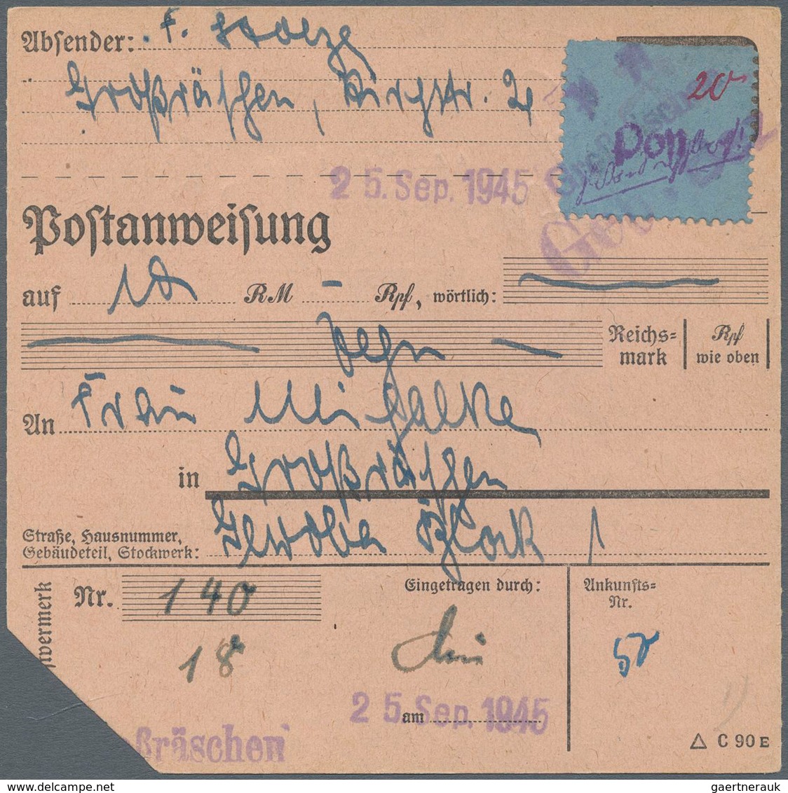 Deutsche Lokalausgaben Ab 1945: 1945, GROSSRÄSCHEN, 20 Pfg. Freimarke September 1945 Als EF Auf Port - Other & Unclassified