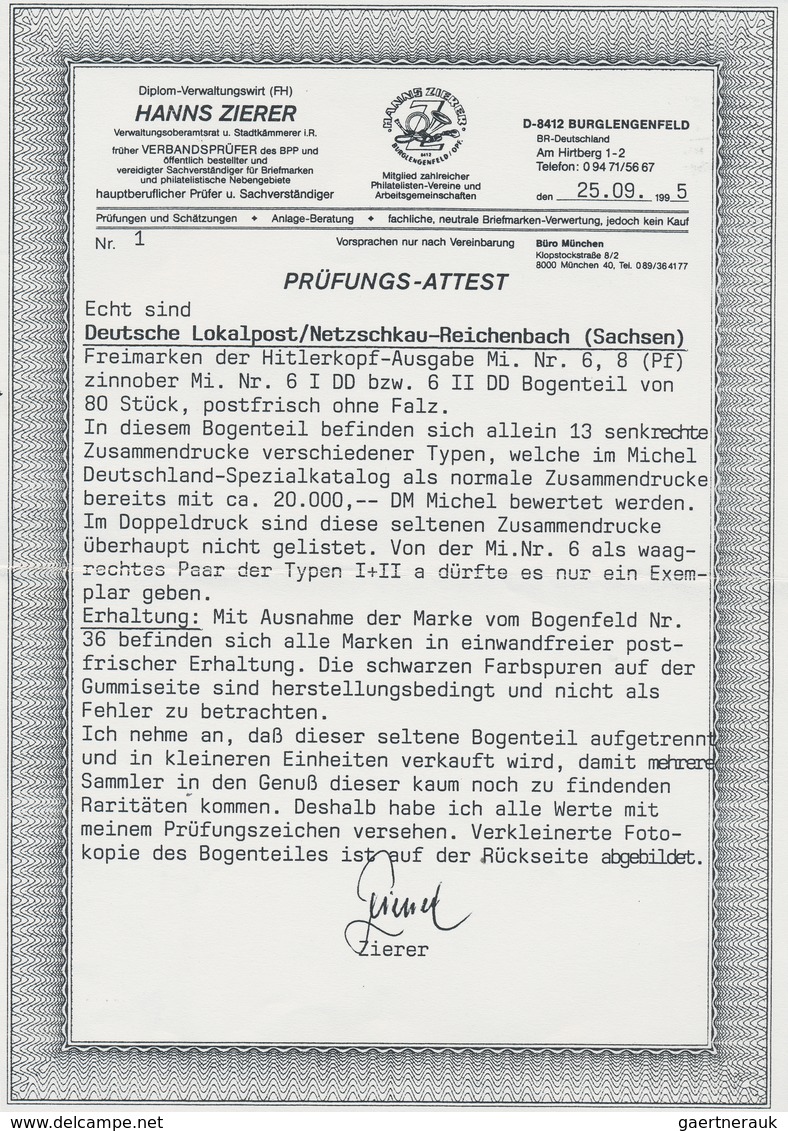 Deutsche Lokalausgaben Ab 1945: Netschkau-Reichenbach 1945, 8 Pfg. Hitler Im Senkrechten 6er-Block M - Autres & Non Classés