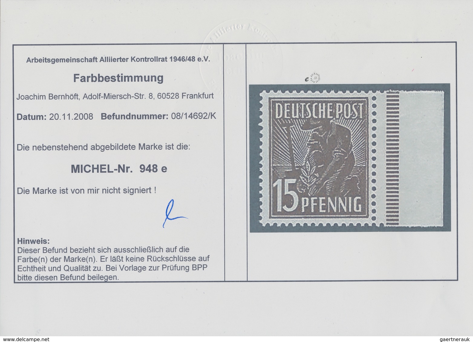 Alliierte Besetzung - Gemeinschaftsausgaben: 1947, 15 Pf Schwärzlichockerbraun Vom Rechten Rand Post - Other & Unclassified