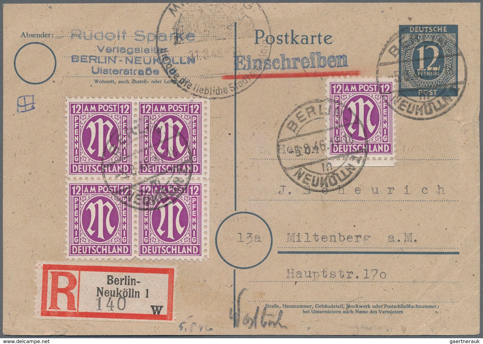 Alliierte Besetzung - Gemeinschaftsausgaben: 1946, 12 Pf Ziffern Ganzsachenkarte Mit Zusatzfrankatur - Autres & Non Classés