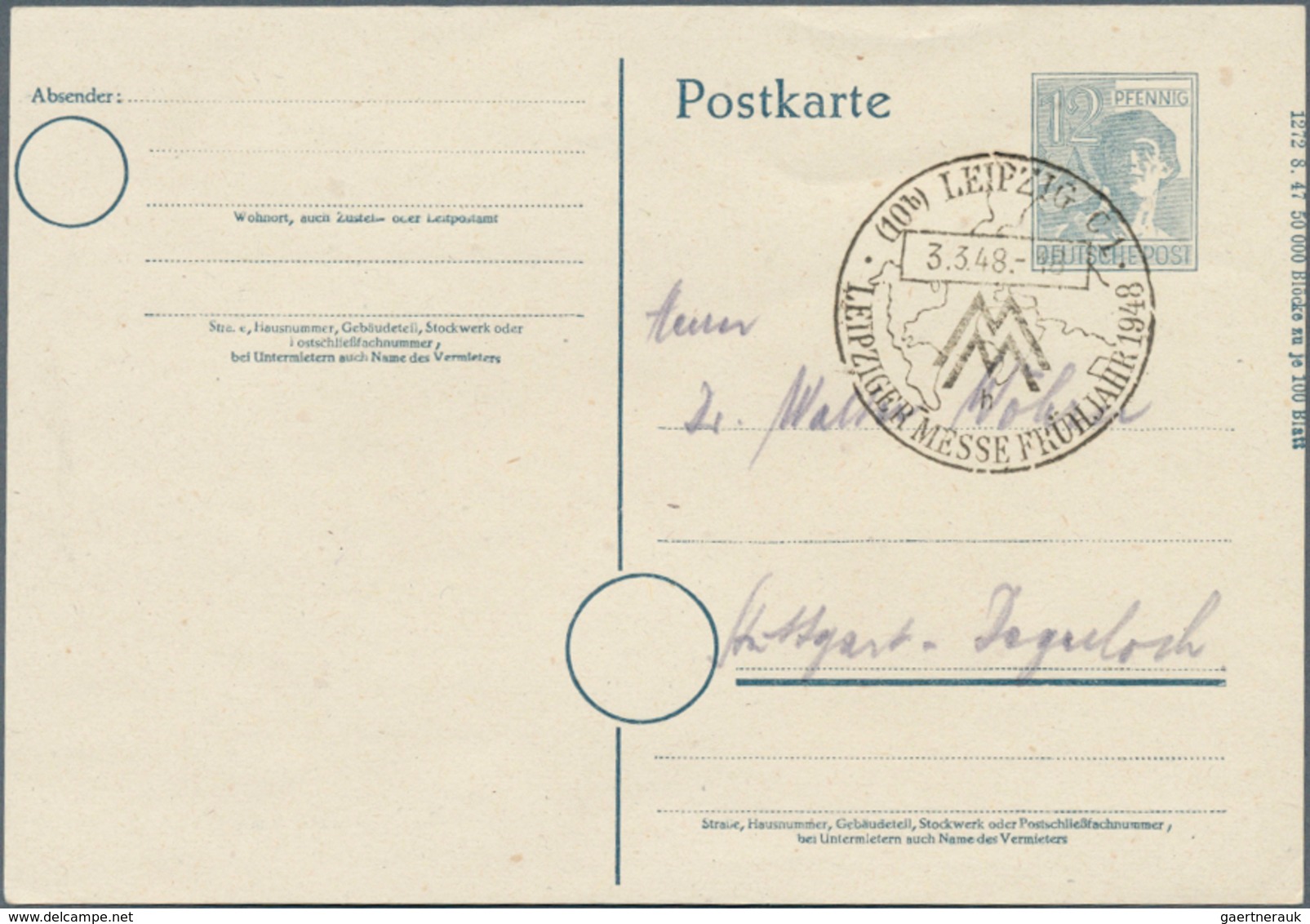 Alliierte Besetzung - Ganzsachen: 1948. Postkarte 12 Pf Arbeiter Mit Senkr. Druckvermerk Vs. Rechts - Other & Unclassified