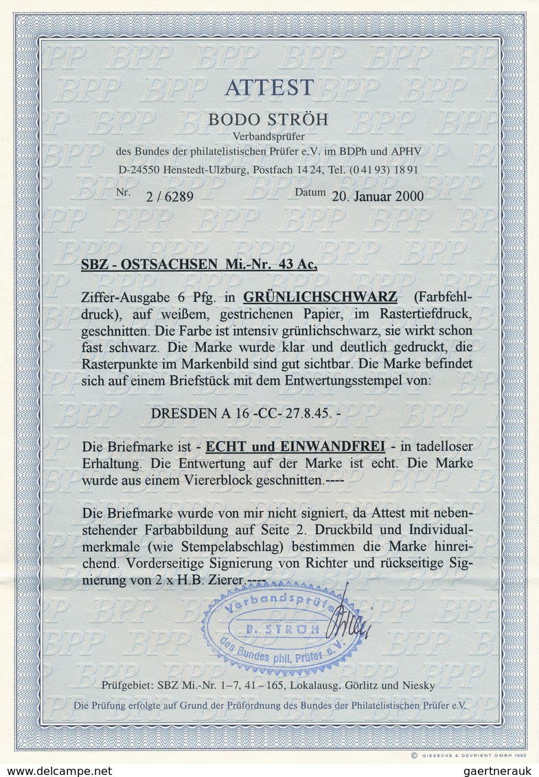 Sowjetische Zone - Ost-Sachsen: 1945, 6 Pfg Grünschwarz, Postfrisch Mit Fingerspuren In Darüber Hina - Other & Unclassified