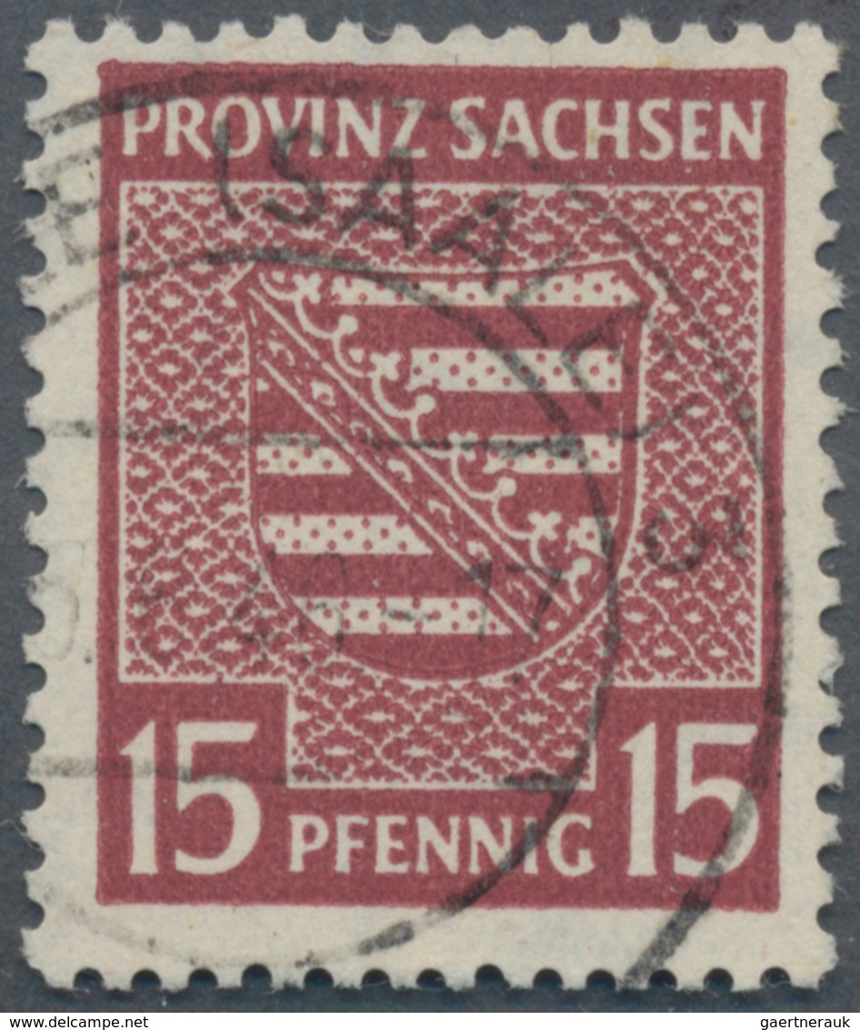 Sowjetische Zone - Provinz Sachsen: 1945, 15 Pfg. Provinzwappen Mittellilakarmin Mit Seltenem Fallen - Other & Unclassified