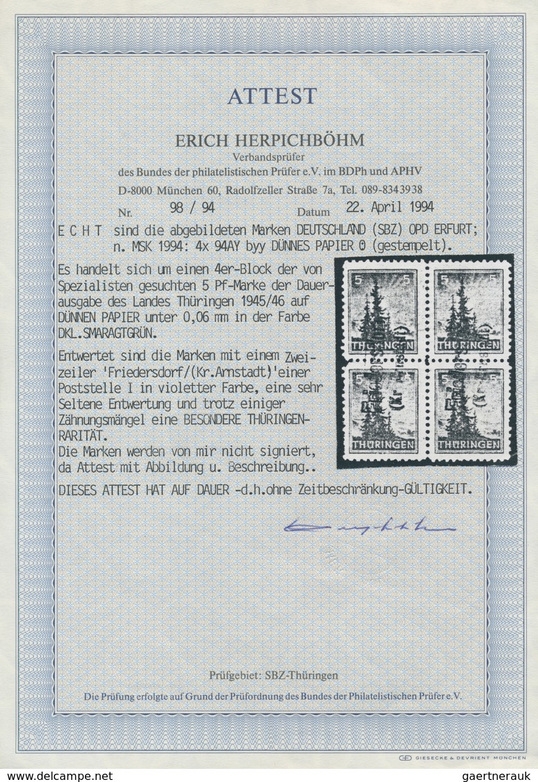 Sowjetische Zone - Thüringen: 1945, 5 Pfg. Grün Mit Spargummi Auf Sehr Dünnem Papier, Viererblock Ge - Autres & Non Classés