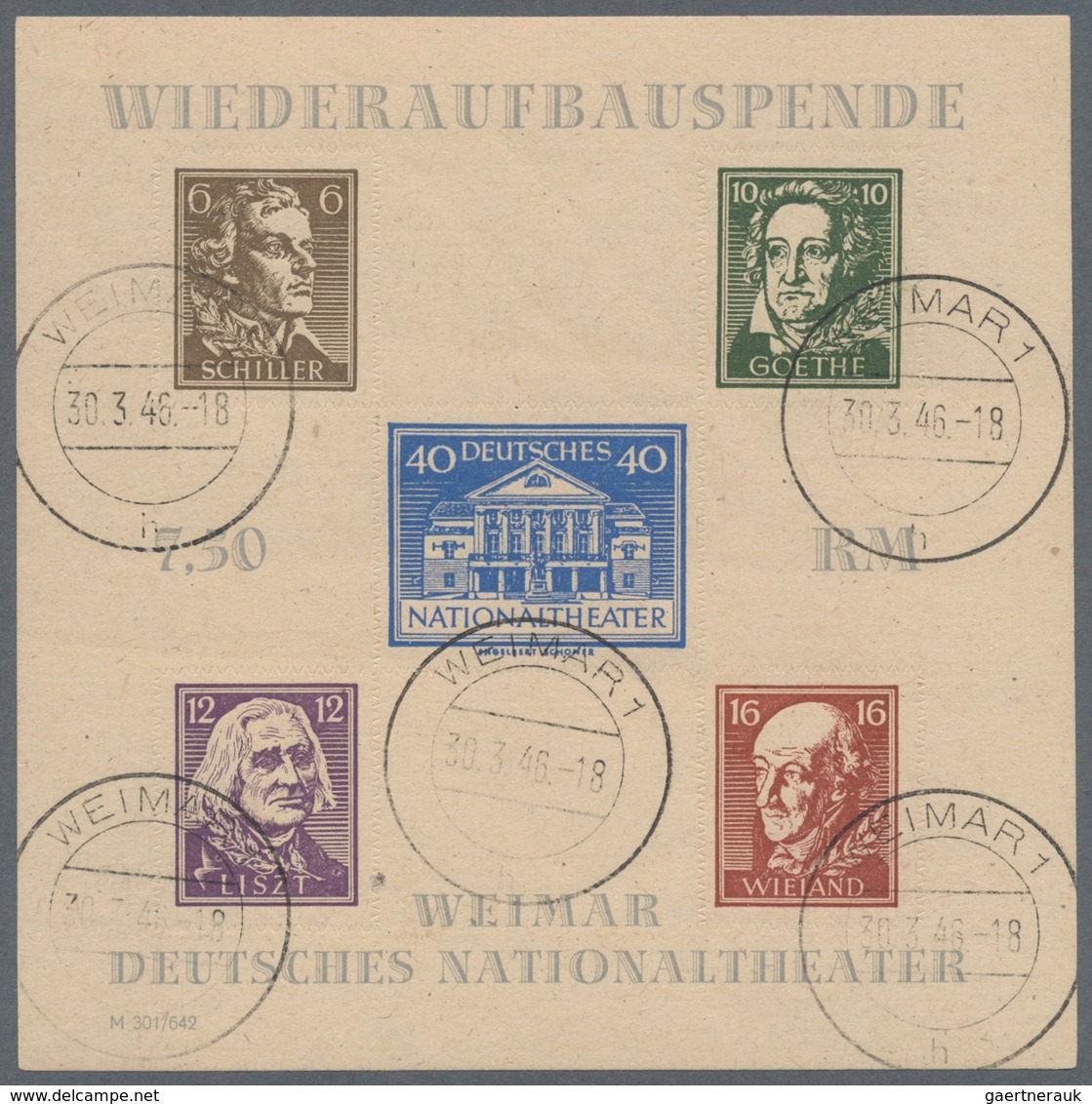 Sowjetische Zone - Thüringen: 1945, Blockausgabe Wiederaufbau Weimar Nationaltheater Gezähnt/geschni - Other & Unclassified