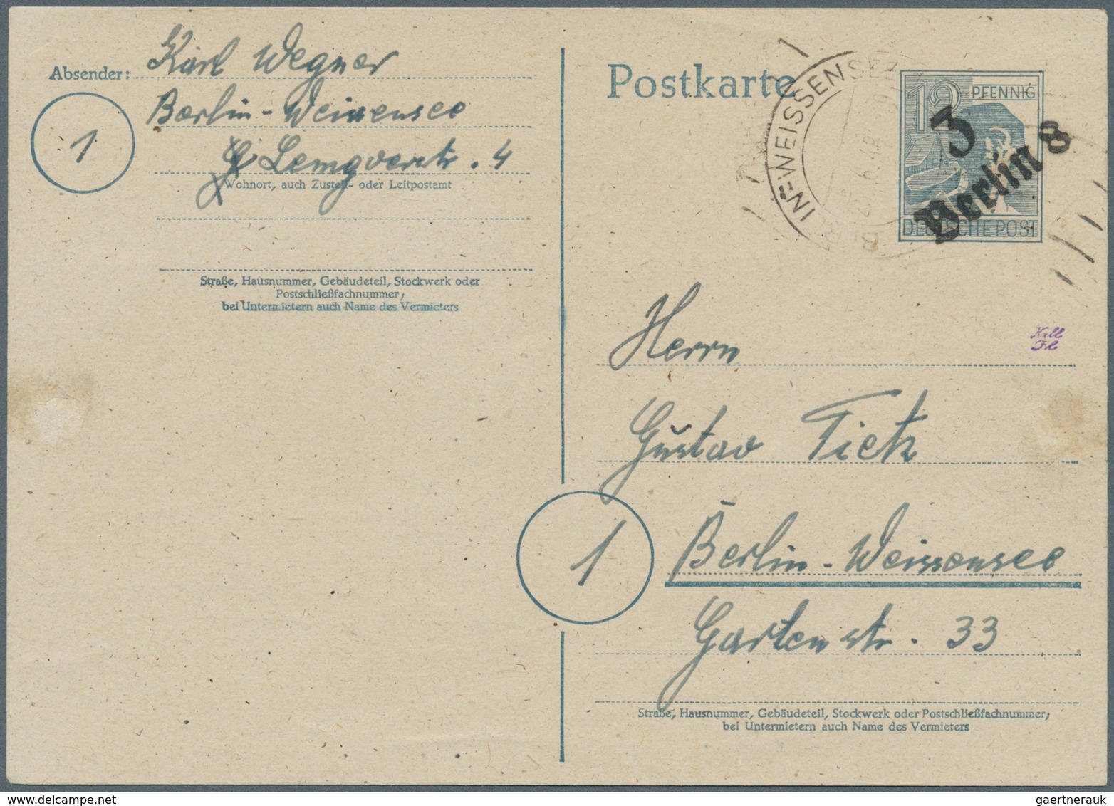 Sowjetische Zone - Bezirkshandstempel - I - Bez. 3 (Berlin): 1848, 12 Pf. Arbeiter GA-Karte Mit Bez. - Other & Unclassified