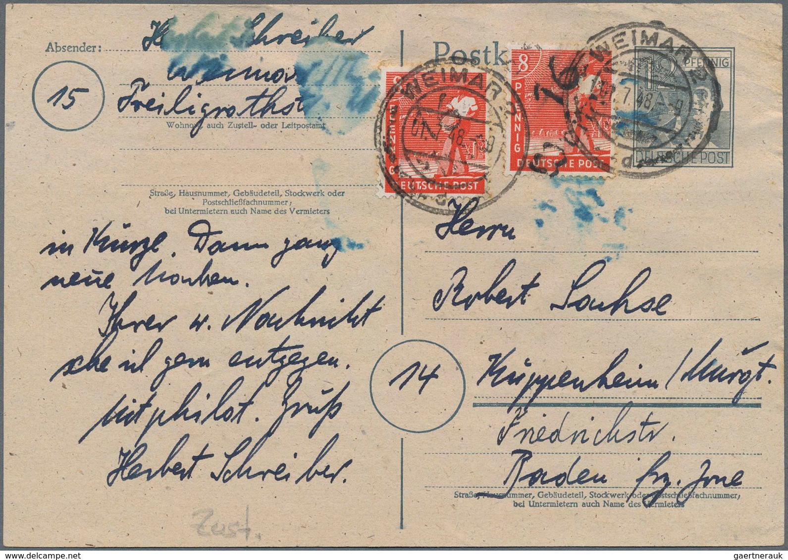 Sowjetische Zone - Bezirkshandstempel - III - Bez. 16 (Erfurt): 1948, 12 Pfg. Ganzsachenkarte Mit 8 - Sonstige & Ohne Zuordnung