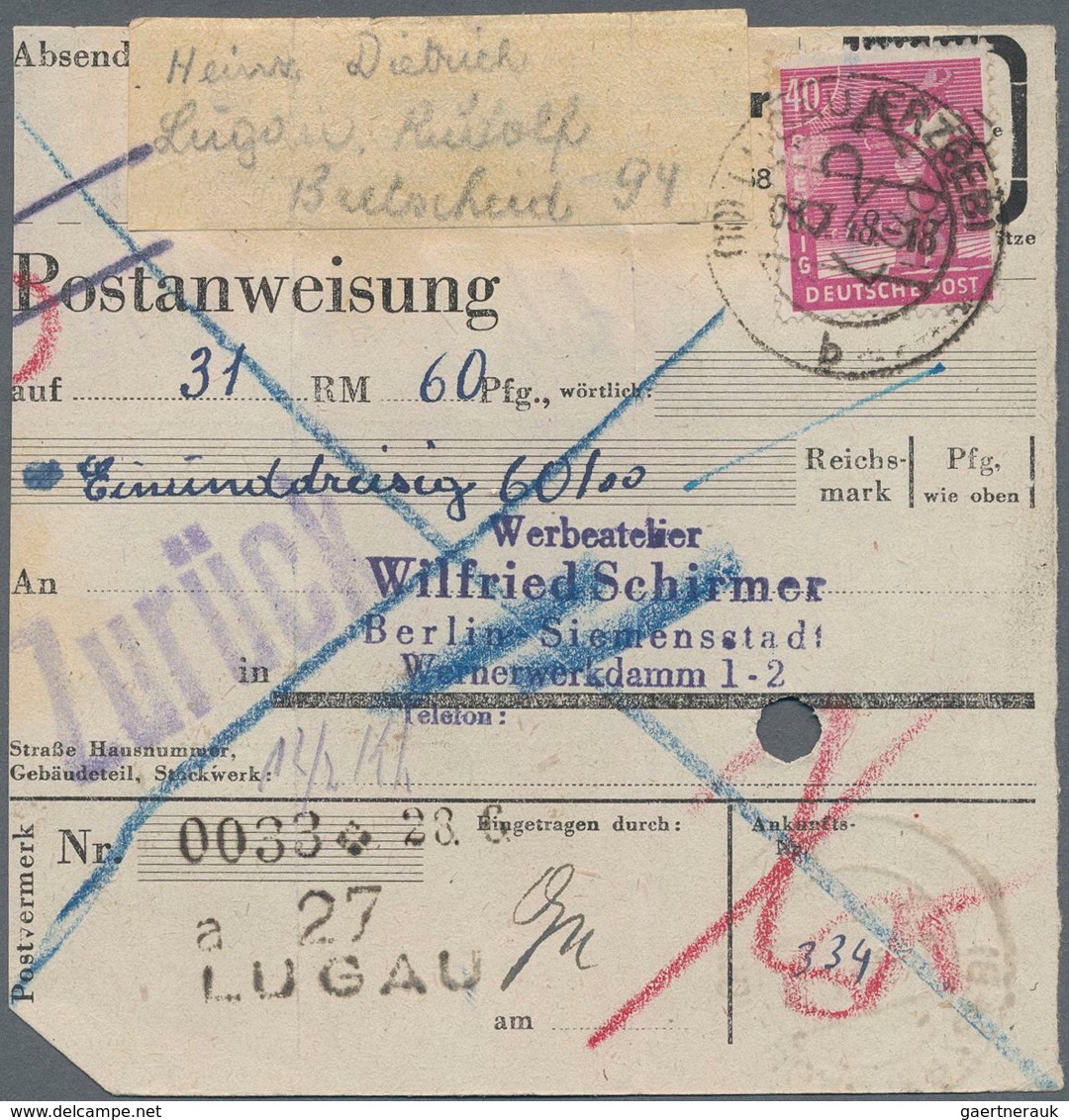 Sowjetische Zone - Bezirkshandstempel - V - Bez. 27 (Leipzig): "27 Lugau B" Auf 40 Pf Arbeiter Als E - Other & Unclassified