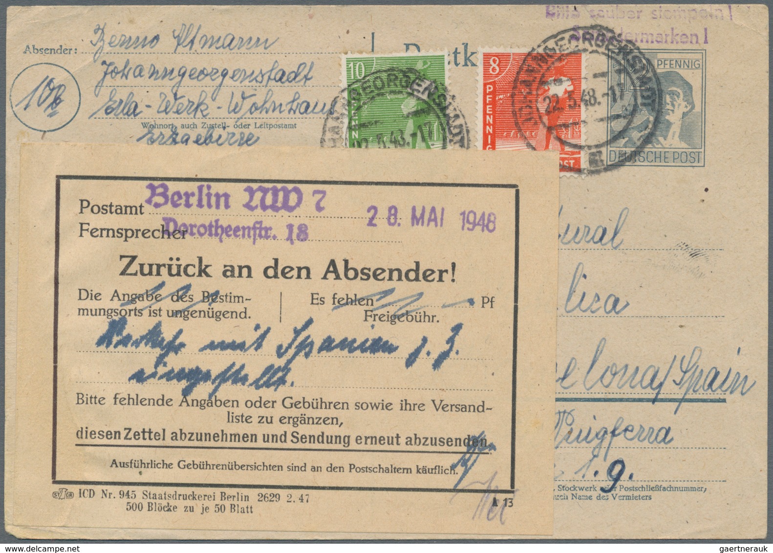 Sowjetische Zone - Besonderheiten: 1948, Ganzsachenkarte 12 Pfg. Arbeiter Mit Zusatzfrankatur 8 Pfg. - Autres & Non Classés
