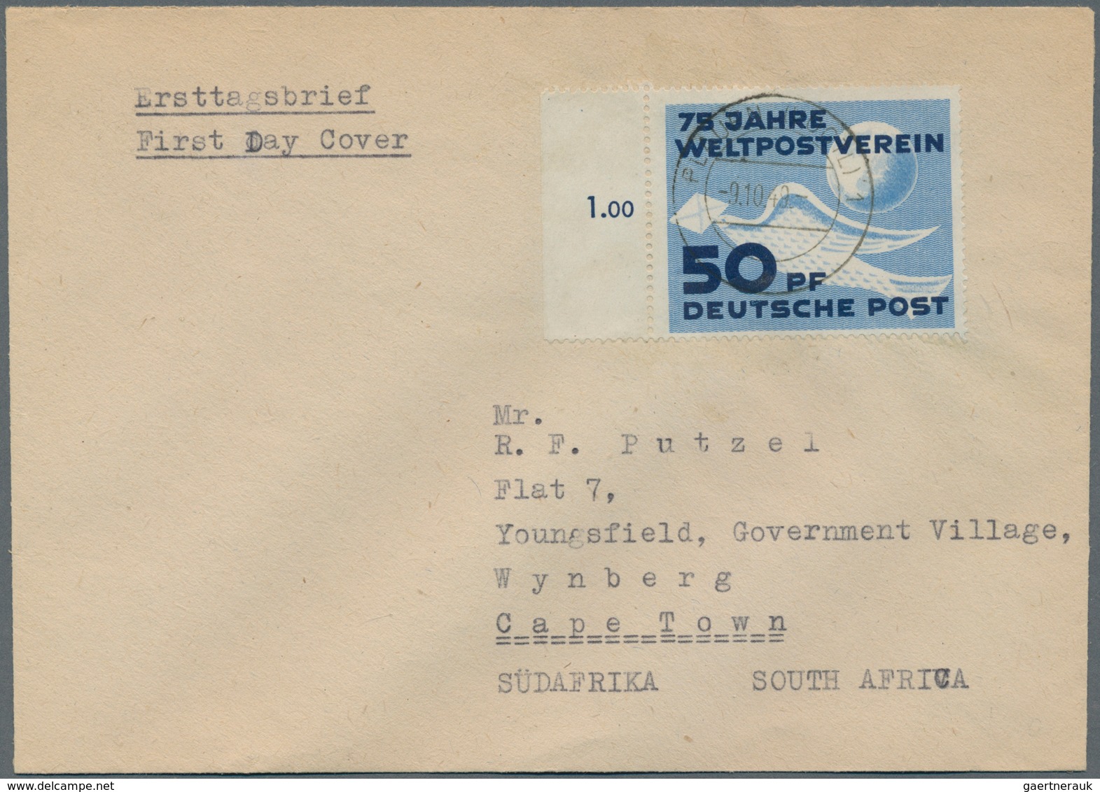 DDR: 1949. 50 Pf Mittelkobalt/schwärzlichultramarin, 75 Jahre Weltpostverein, Einzelfrankatur Mit Li - Autres & Non Classés