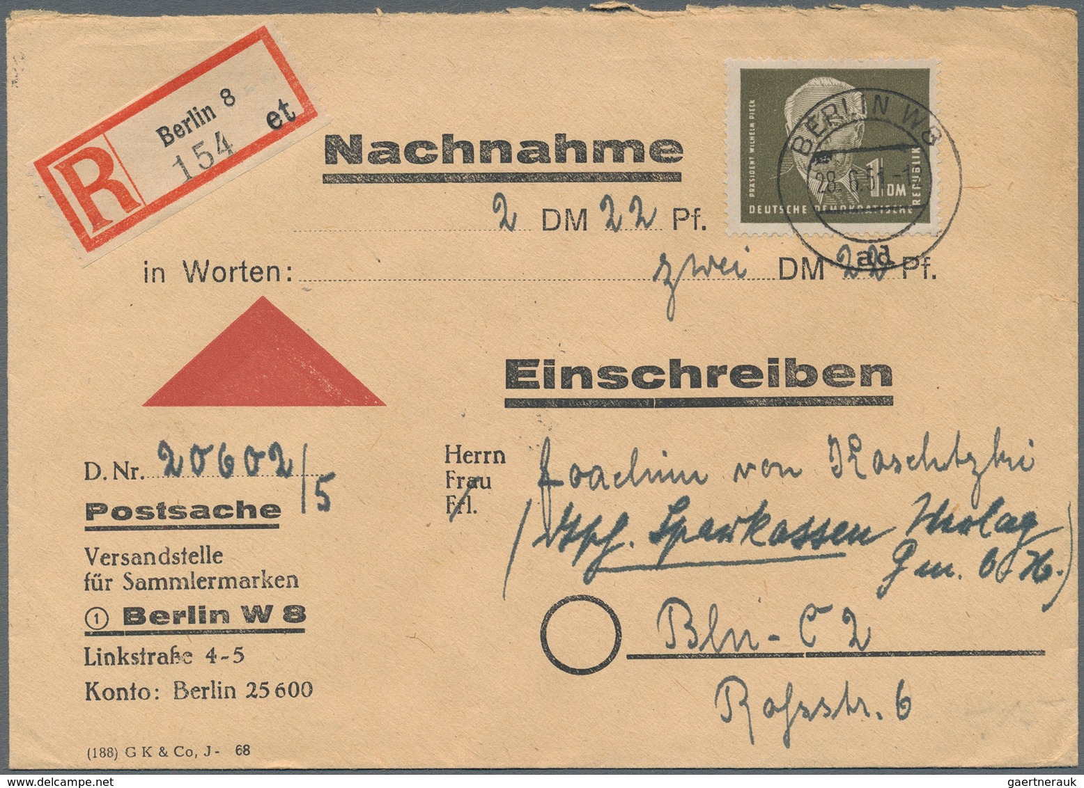 DDR: 1951, Einschreiben Mit Nachnahme Frankiert Mit 1 DM Pieck Vorn Und Senkrechtem Eckrandpaar 16 P - Sonstige & Ohne Zuordnung