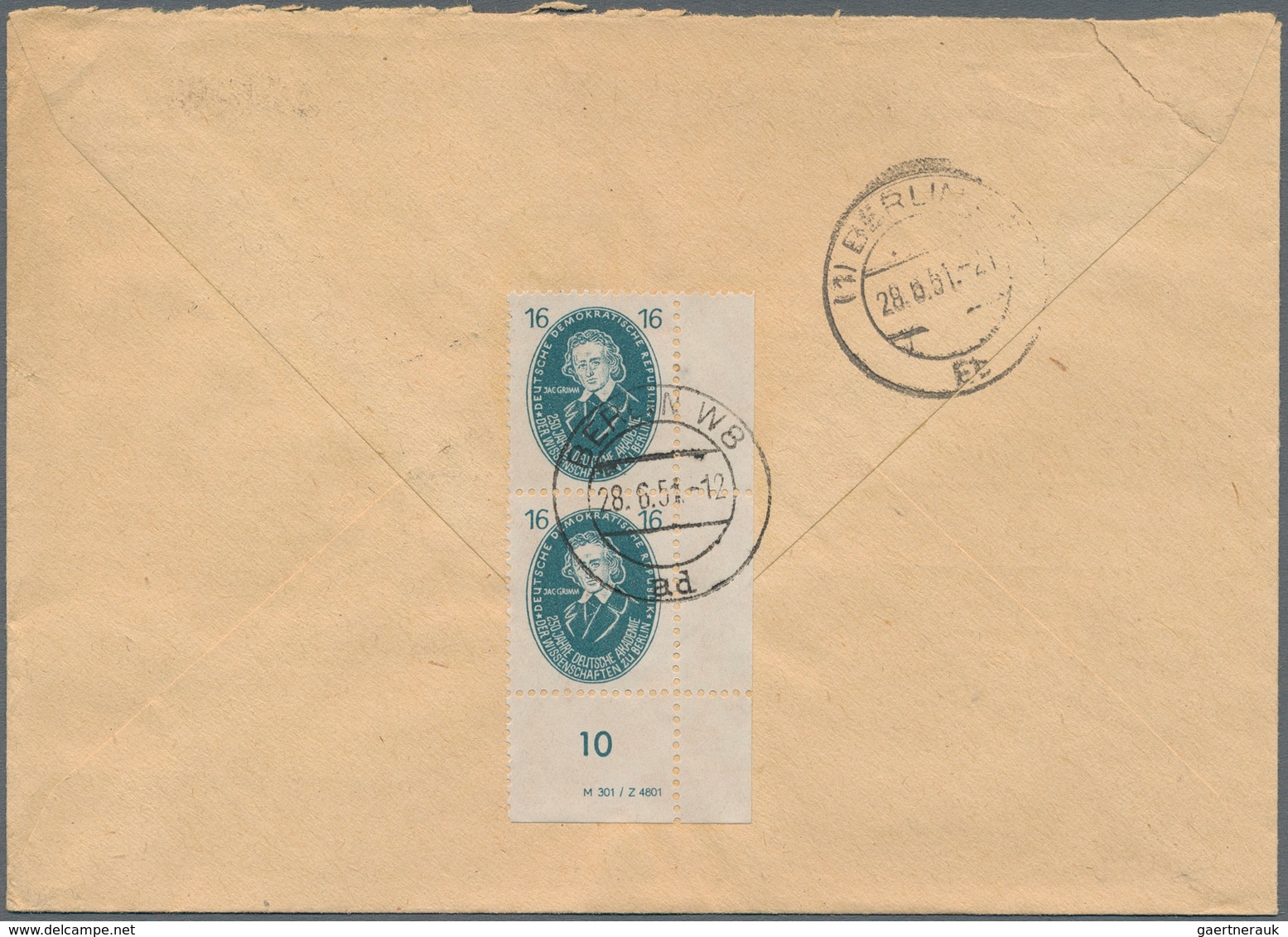 DDR: 1951, Einschreiben Mit Nachnahme Frankiert Mit 1 DM Pieck Vorn Und Senkrechtem Eckrandpaar 16 P - Sonstige & Ohne Zuordnung