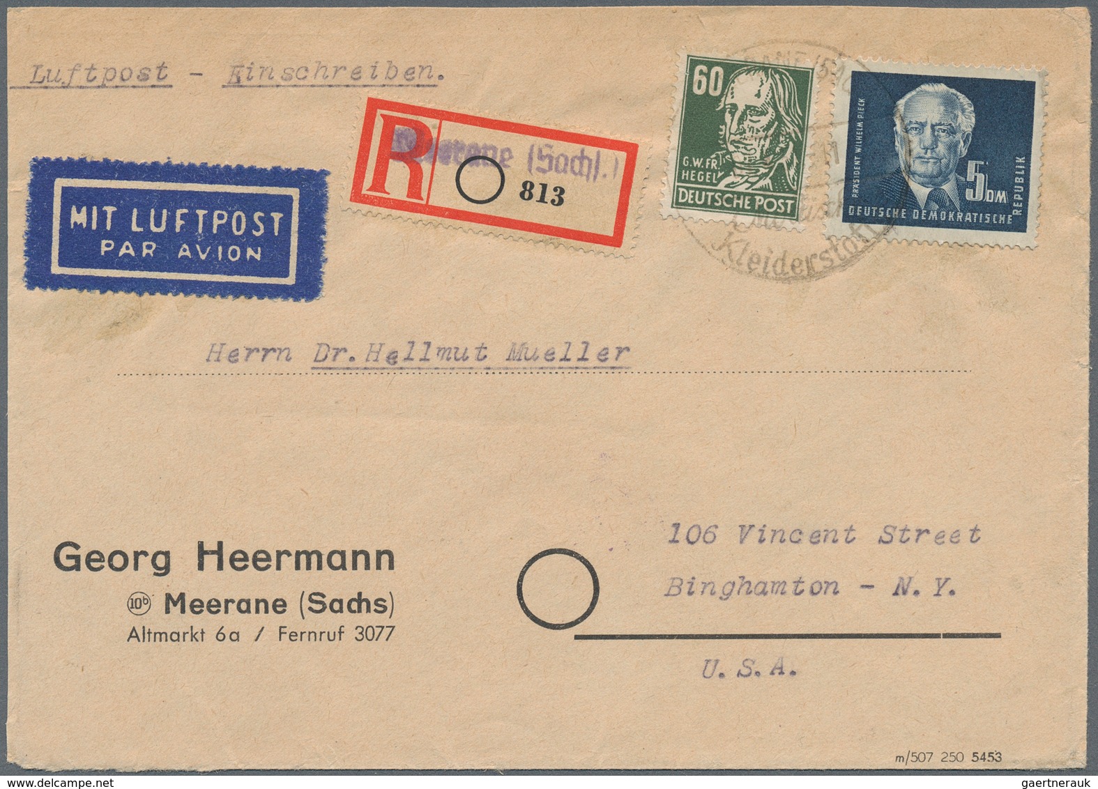 DDR: 1951, 5 DM Schwarzblau Als Ausgaben-MiF SBZ/DDR Mit 60 Pf Hegel Auf R-Luftp.-Brief Von Merane N - Sonstige & Ohne Zuordnung