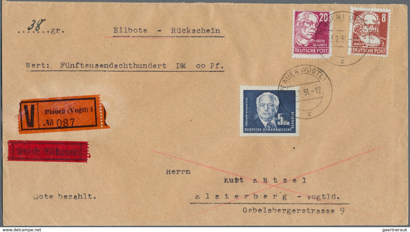 DDR: 1951, 5 DM Schwarzblau Pieck Sowie 8 Pf U. 20 Pf Köpfe, Exakt Portogerechte MiF Auf Wertbrief ( - Autres & Non Classés