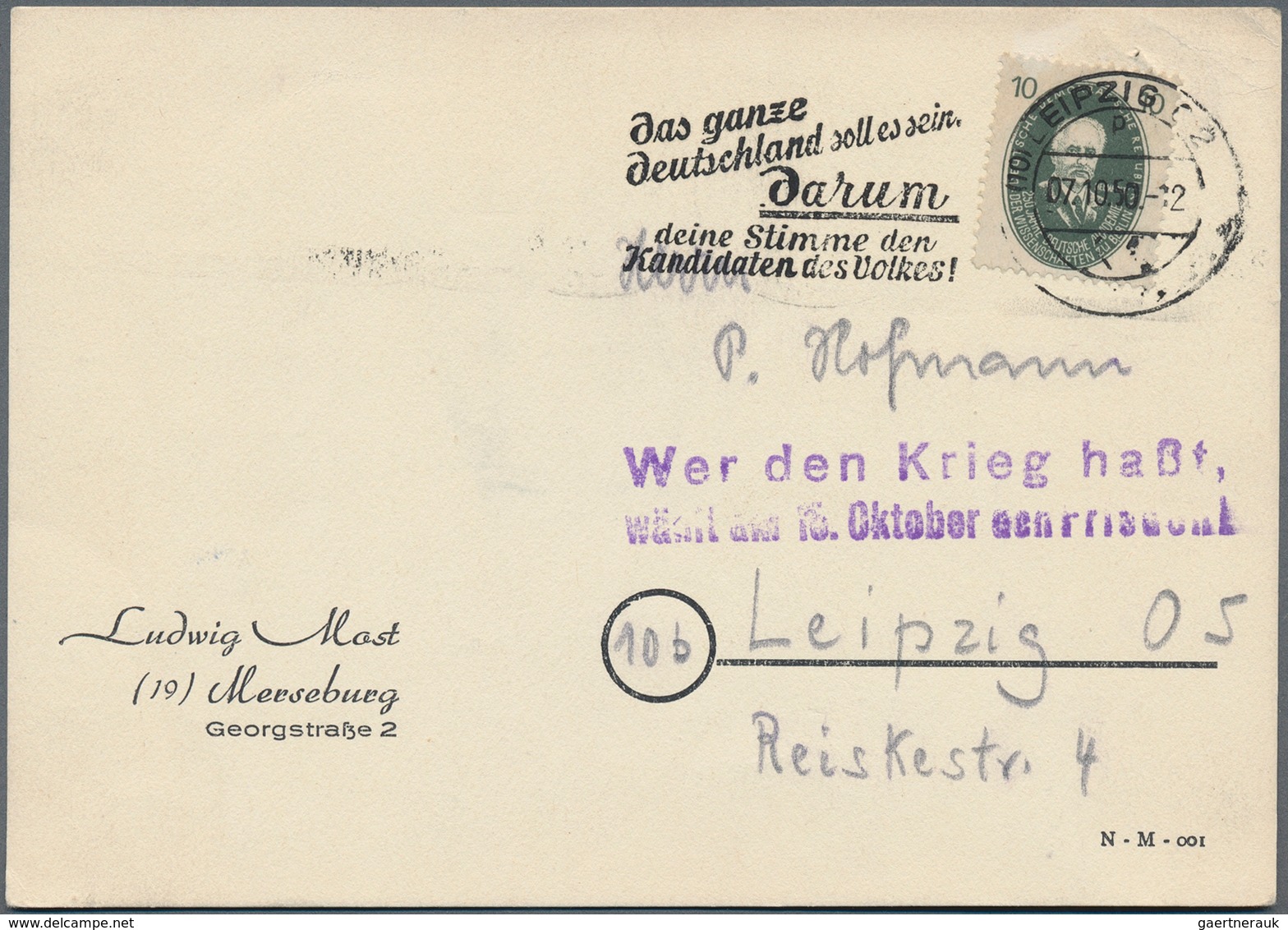 DDR: 1950, 10 Pf Dkl'graugrün "Akademiker", Portogerechte Einzelfrankatur Auf Ortspostkarte Von LEIP - Sonstige & Ohne Zuordnung