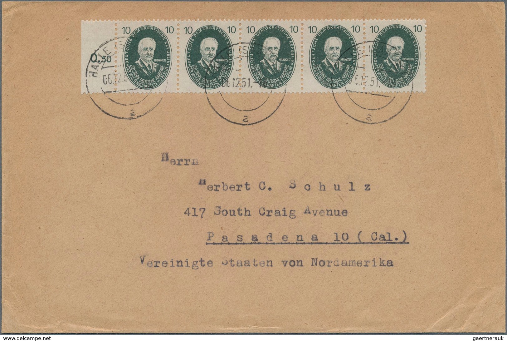 DDR: 1951, Waagerechter 5-er-Streifen 10 Pfennig Akademie Vom Linken Rand Als Sehr Seltene Mehrfachf - Other & Unclassified