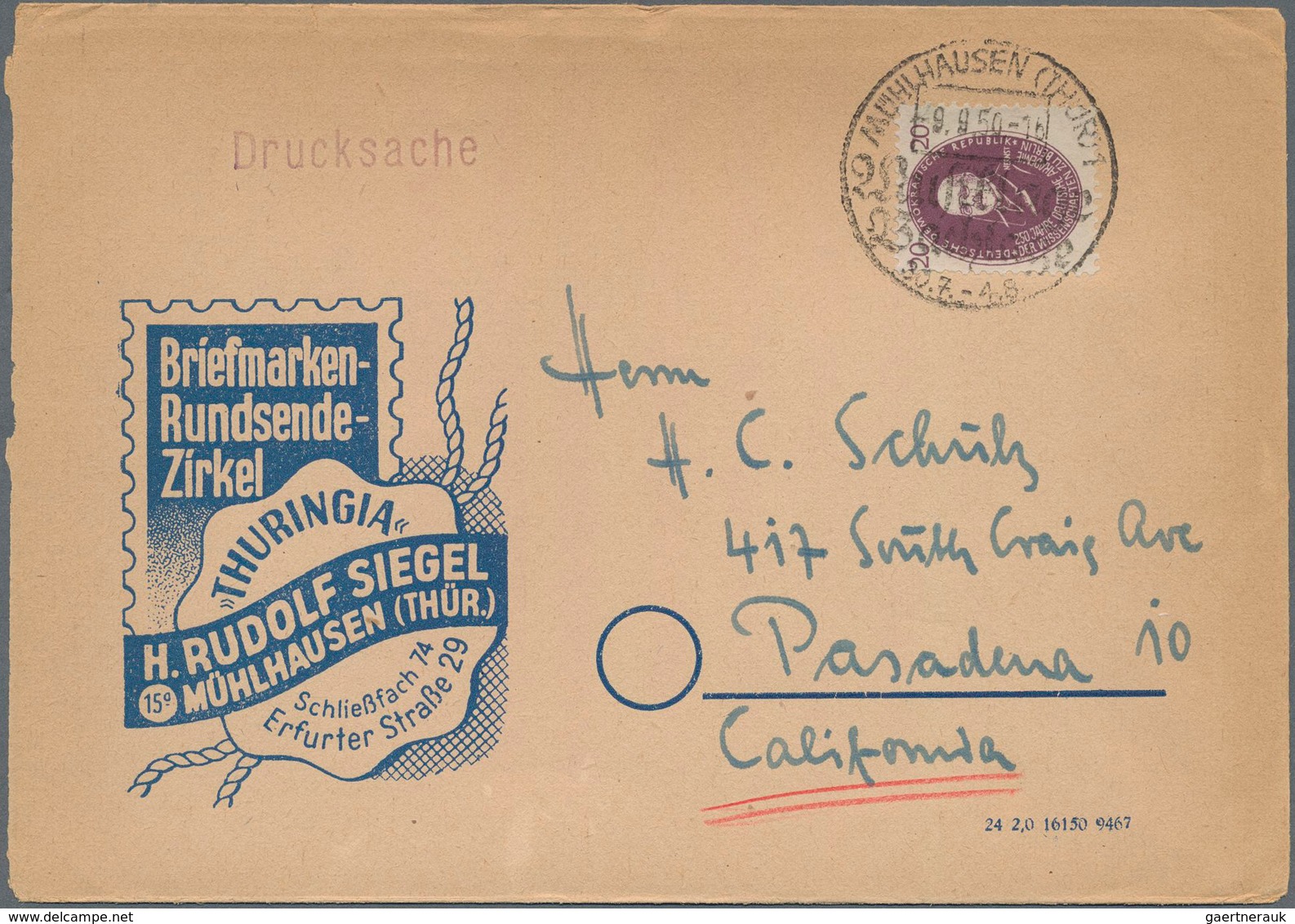 DDR: 1950, Werbedrucksache Ab MÜHLHAUSEN (TÜRINGEN) Nach USA Mit Seltener Einzelfrankatur 20 Pfg. Ak - Sonstige & Ohne Zuordnung