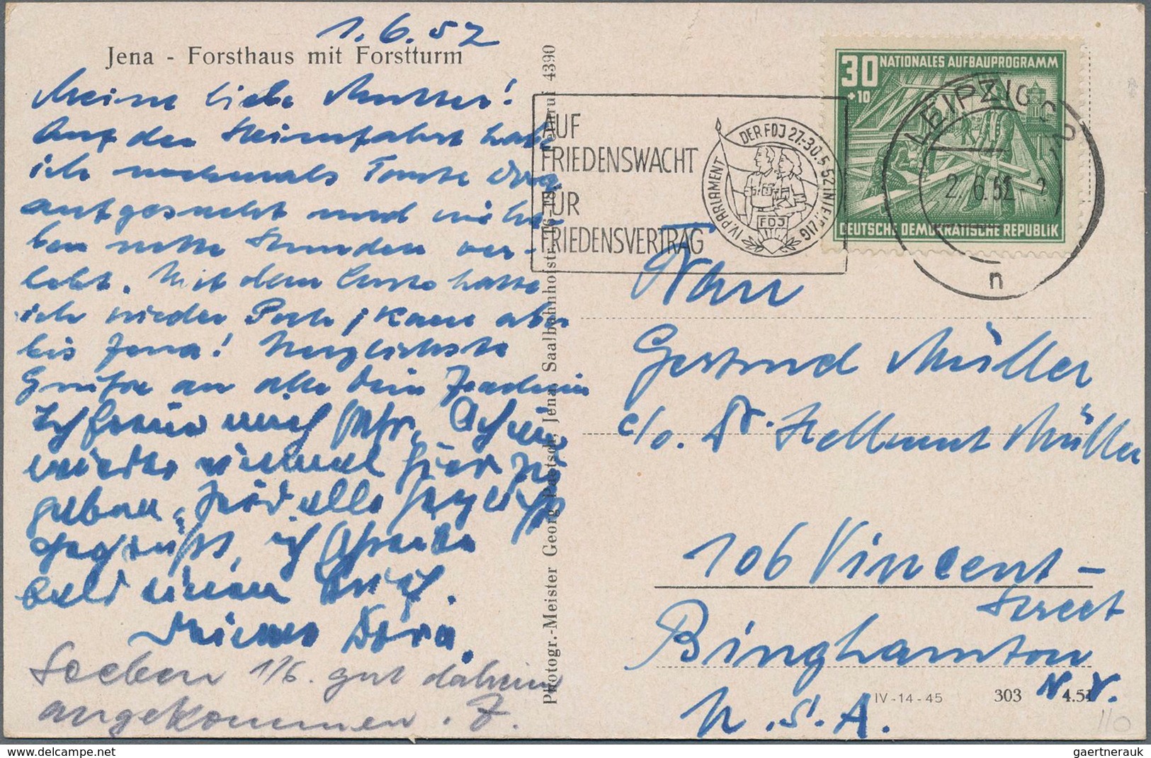 DDR: 1952, Postkarte Nach USA Mit 30 Pfg. Aufbauprogramm Als Einzelfrankatur Ab LEIPZIG Mit Propagan - Other & Unclassified