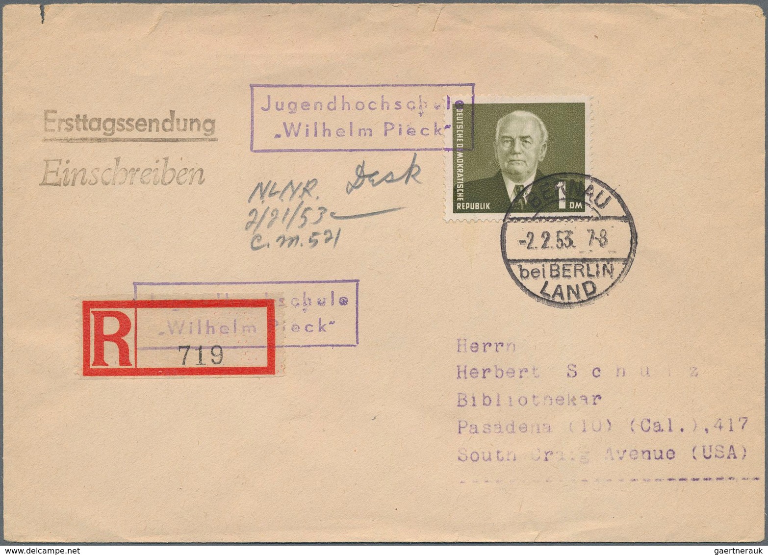 DDR: 1953, 1 DM Pieck Schwarzoliv Auf ERSTTAGSBRIEF Von "BERNAU Bei BERLIN LAND 2.2.53" Mit Nebenste - Autres & Non Classés