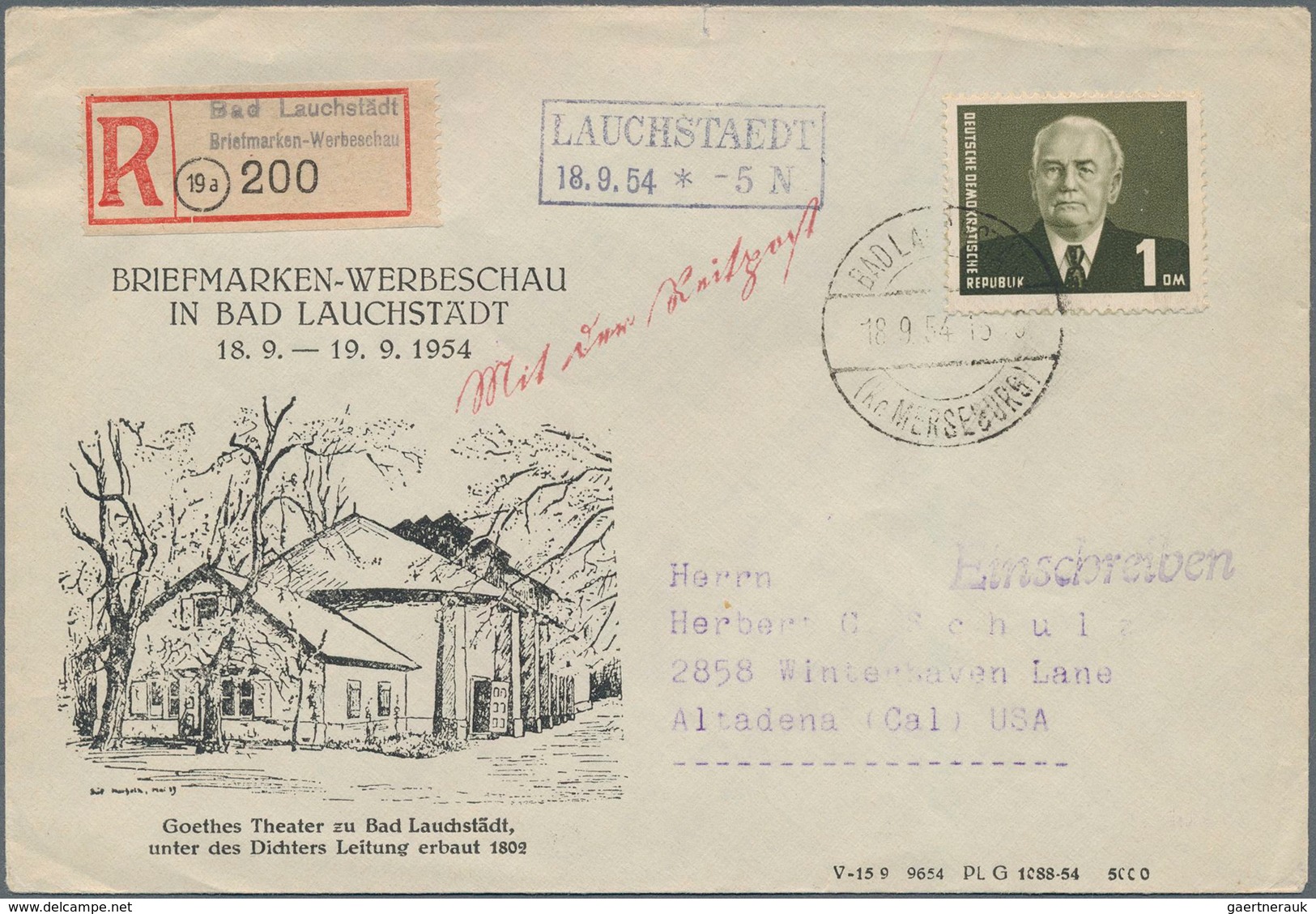 DDR: 1954, 1 DM Pieck In Neuer Zeichnung Auf Sonderumschlag Mit R-Zettel "Bad Lauchstädt, Briefmarke - Other & Unclassified