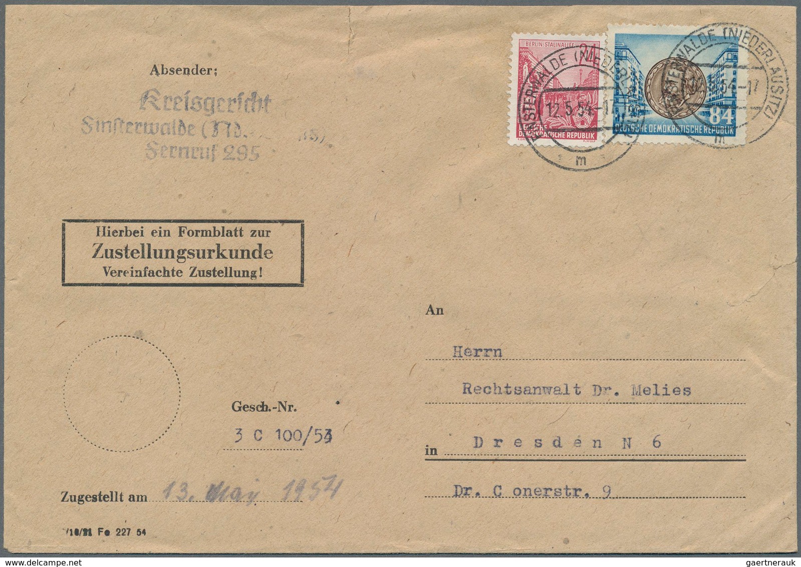 DDR: 1953, Fernbrief Der 2. Gewichtsstufe Mit Der Zusatzleistung "Zustellungsurkunde" Portorichtig F - Autres & Non Classés