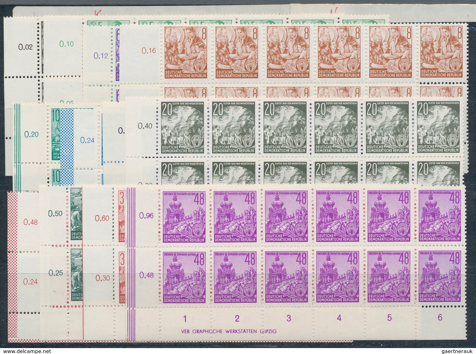 DDR: 1953, Freimarken im Offsetdruck 1-84 Pf. komplett im waagrechten 12er-Block aus der linken unte