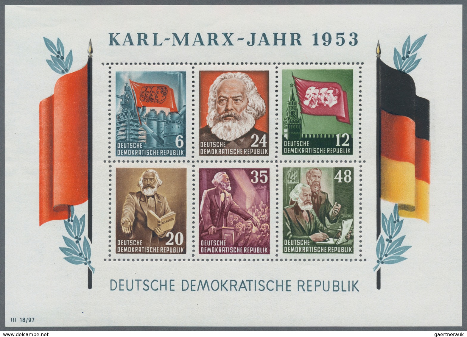 DDR: 1953, Marx-Blocks, komplette Garnitur gezähnt und geschnitten mit BEIDEN Wasserzeichenvarianten