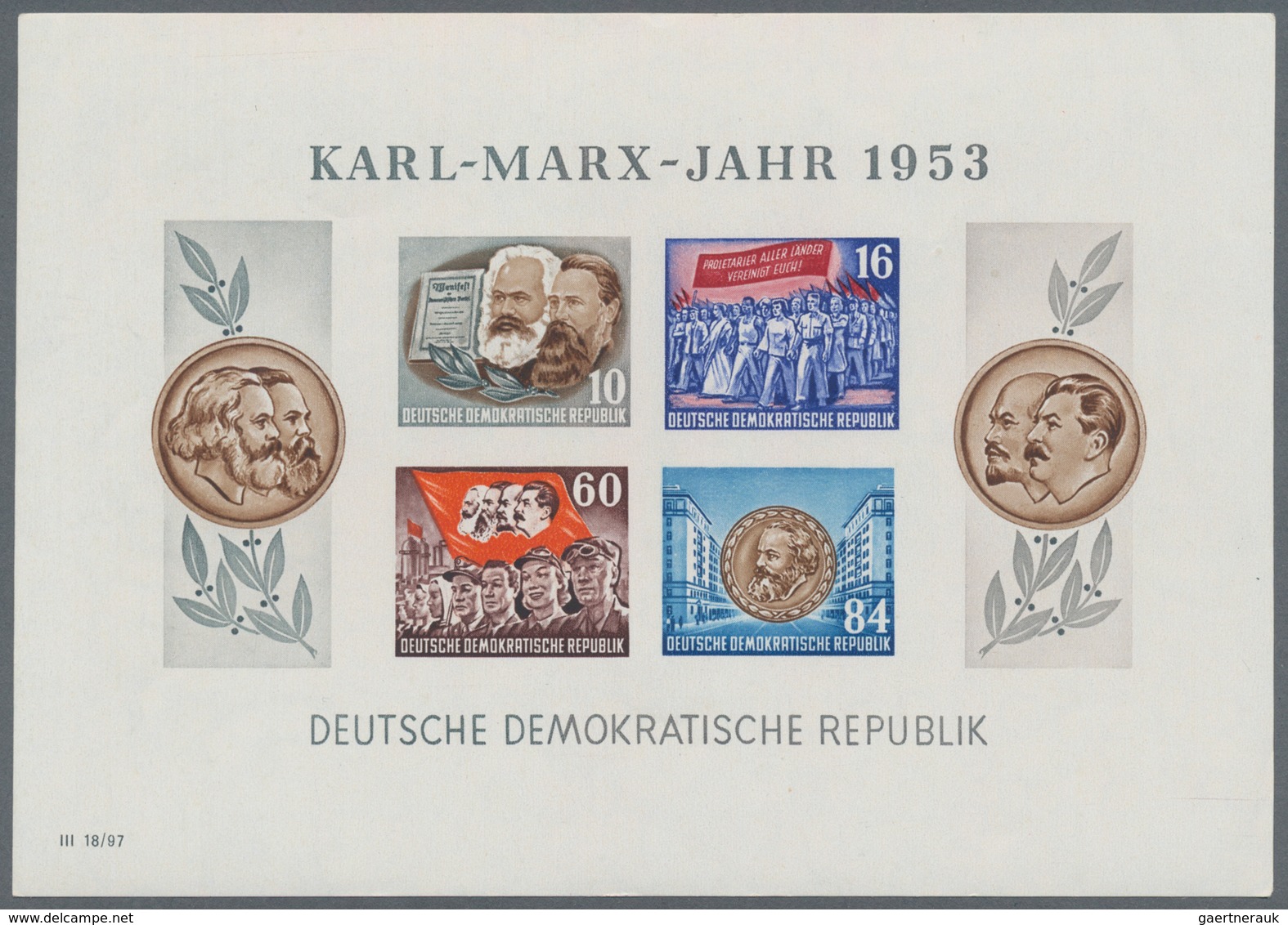 DDR: 1953, Marx-Blocks, komplette Garnitur gezähnt und geschnitten mit BEIDEN Wasserzeichenvarianten