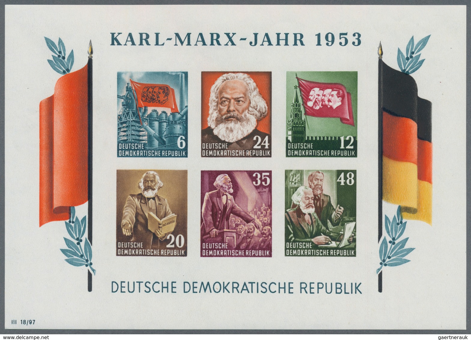 DDR: 1953, Marx-Blocks, komplette Garnitur gezähnt und geschnitten mit BEIDEN Wasserzeichenvarianten