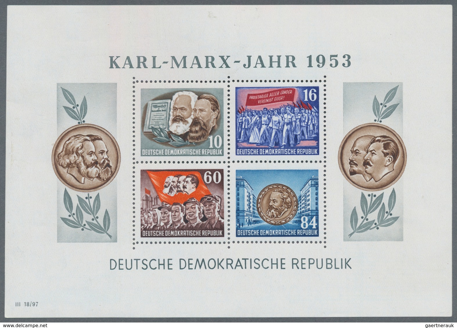 DDR: 1953, Marx-Blocks, komplette Garnitur gezähnt und geschnitten mit BEIDEN Wasserzeichenvarianten