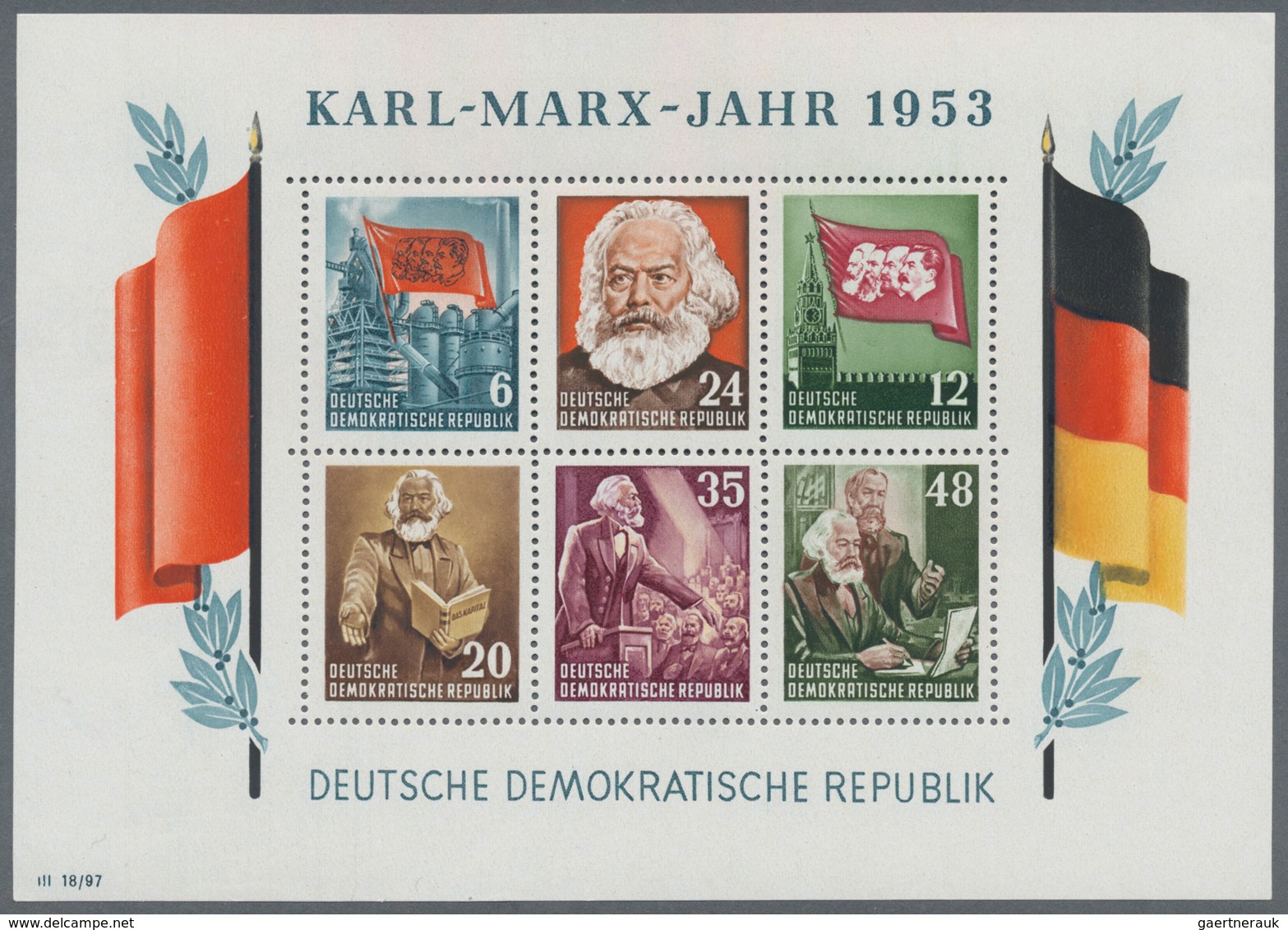 DDR: 1953, Marx-Blocks, komplette Garnitur gezähnt und geschnitten mit BEIDEN Wasserzeichenvarianten