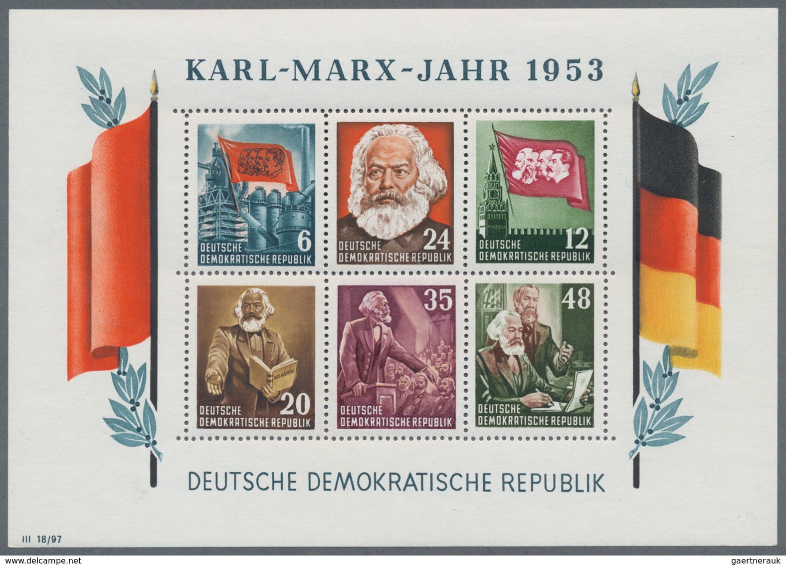 DDR: 1953, Marx-Blocks, komplette Garnitur gezähnt und geschnitten mit BEIDEN Wasserzeichenvarianten