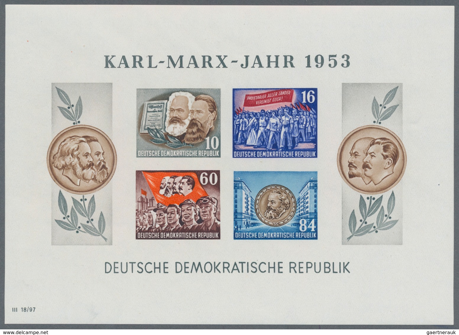 DDR: 1953, Marx-Blocks, komplette Garnitur gezähnt und geschnitten mit BEIDEN Wasserzeichenvarianten