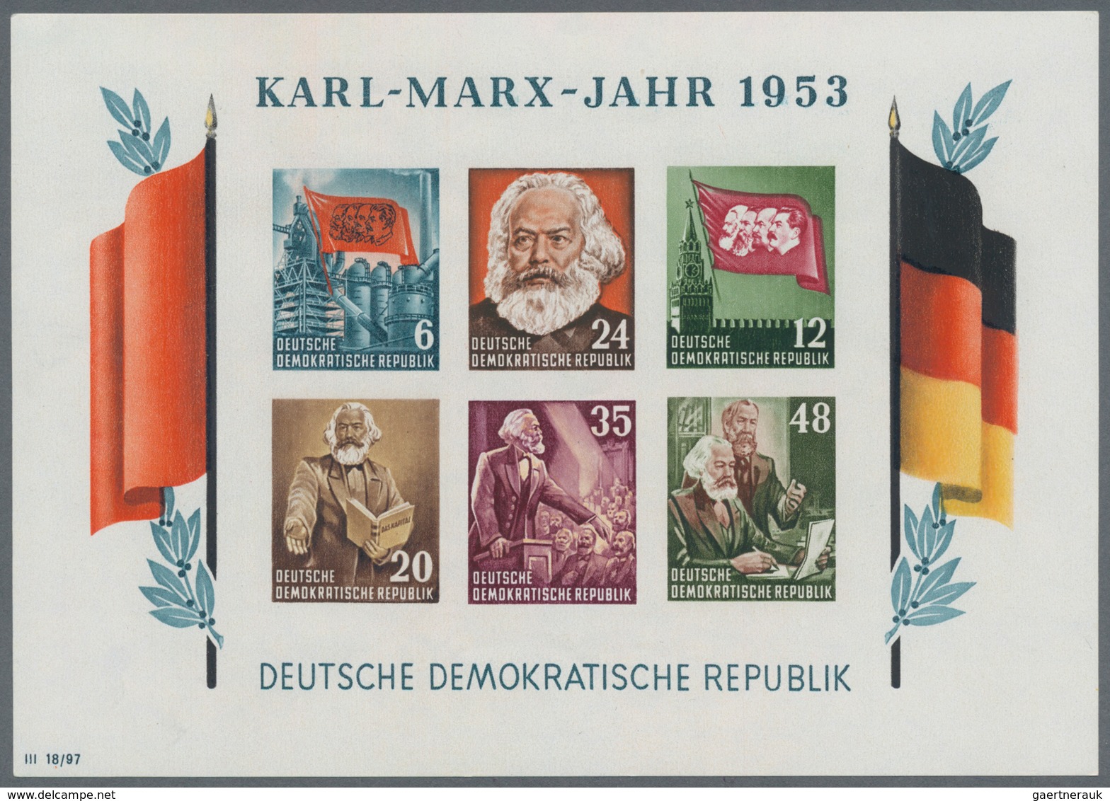 DDR: 1953, Marx-Blocks, komplette Garnitur gezähnt und geschnitten mit BEIDEN Wasserzeichenvarianten