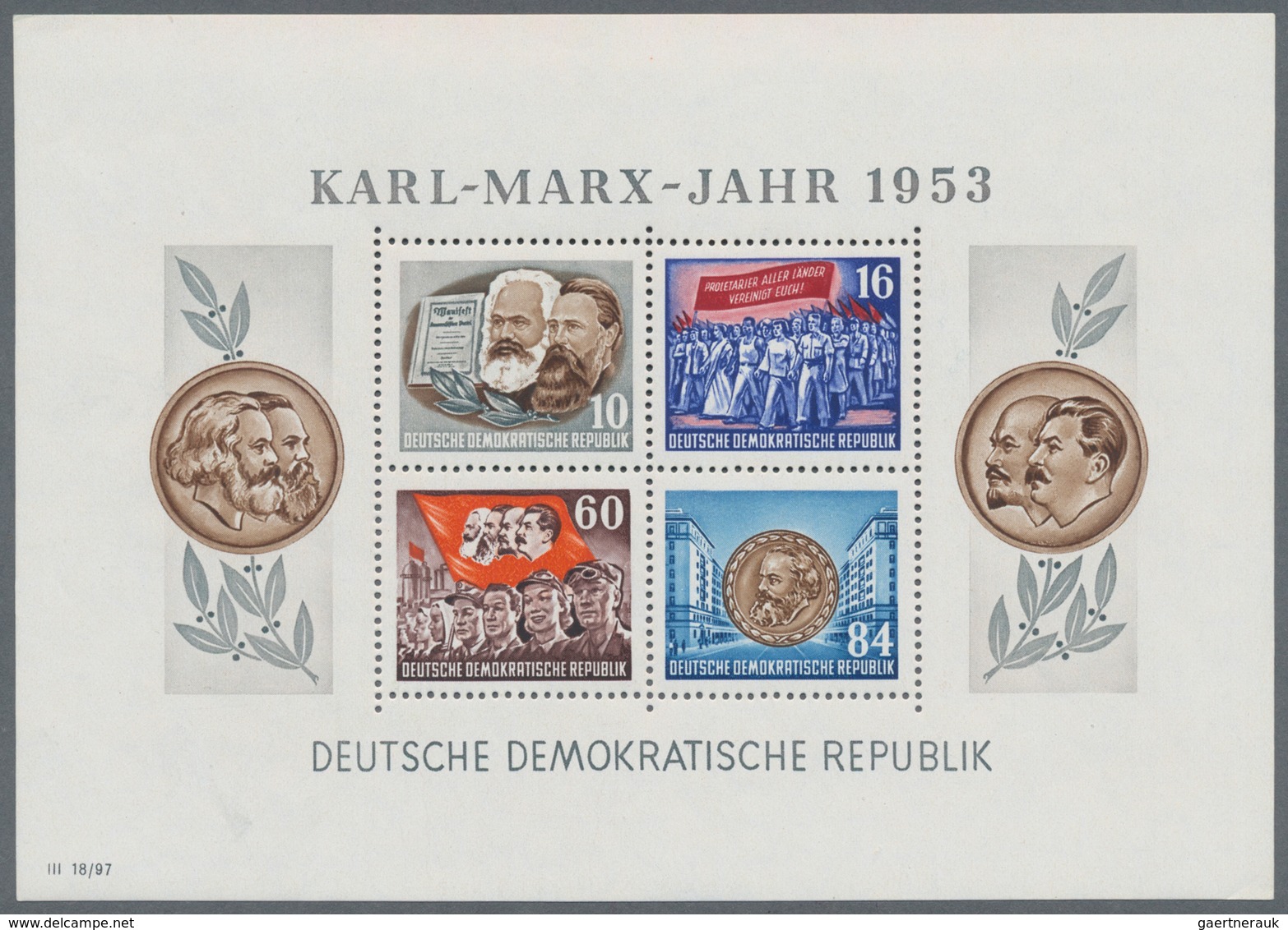 DDR: 1953, Marx-Blocks, komplette Garnitur gezähnt und geschnitten mit BEIDEN Wasserzeichenvarianten