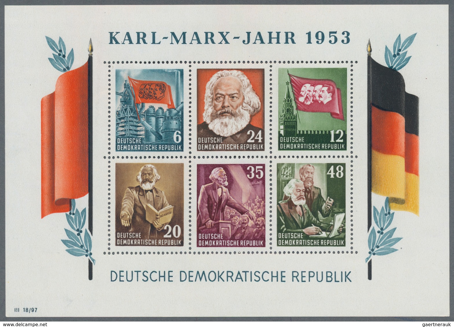 DDR: 1953, Marx-Blocks, komplette Garnitur gezähnt und geschnitten mit BEIDEN Wasserzeichenvarianten