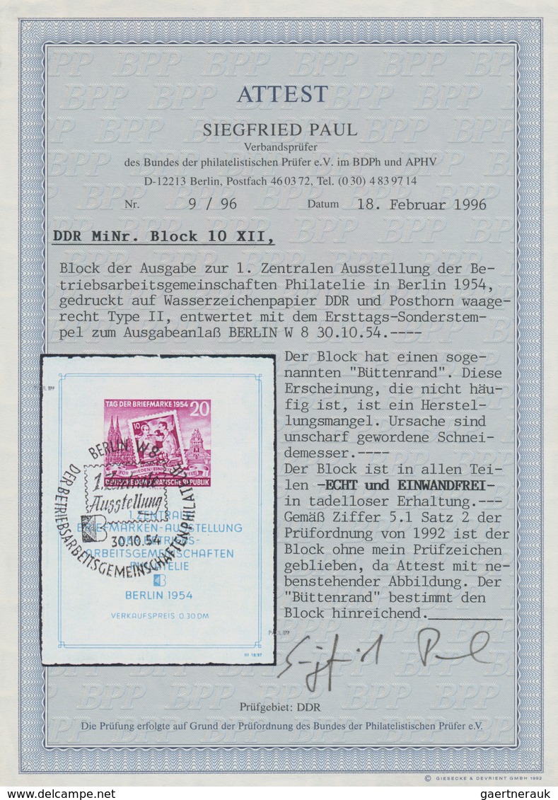 DDR: 1954, 20 Pfg. Briefmarkenausstellung Berlin-Block Mit ESST Und Sog. "Büttenrand" (durch Unschar - Sonstige & Ohne Zuordnung