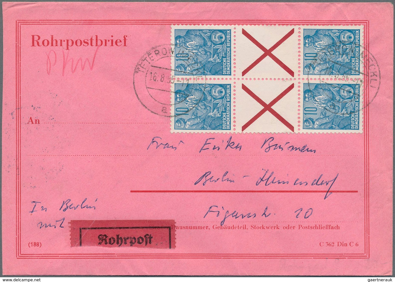 DDR: 1955, 2x SZ3 Fünfjahresplan Mit Andreaskreuz Auf Vorgedrucktem Rohrpostbrief Von Teterow (Meckl - Sonstige & Ohne Zuordnung