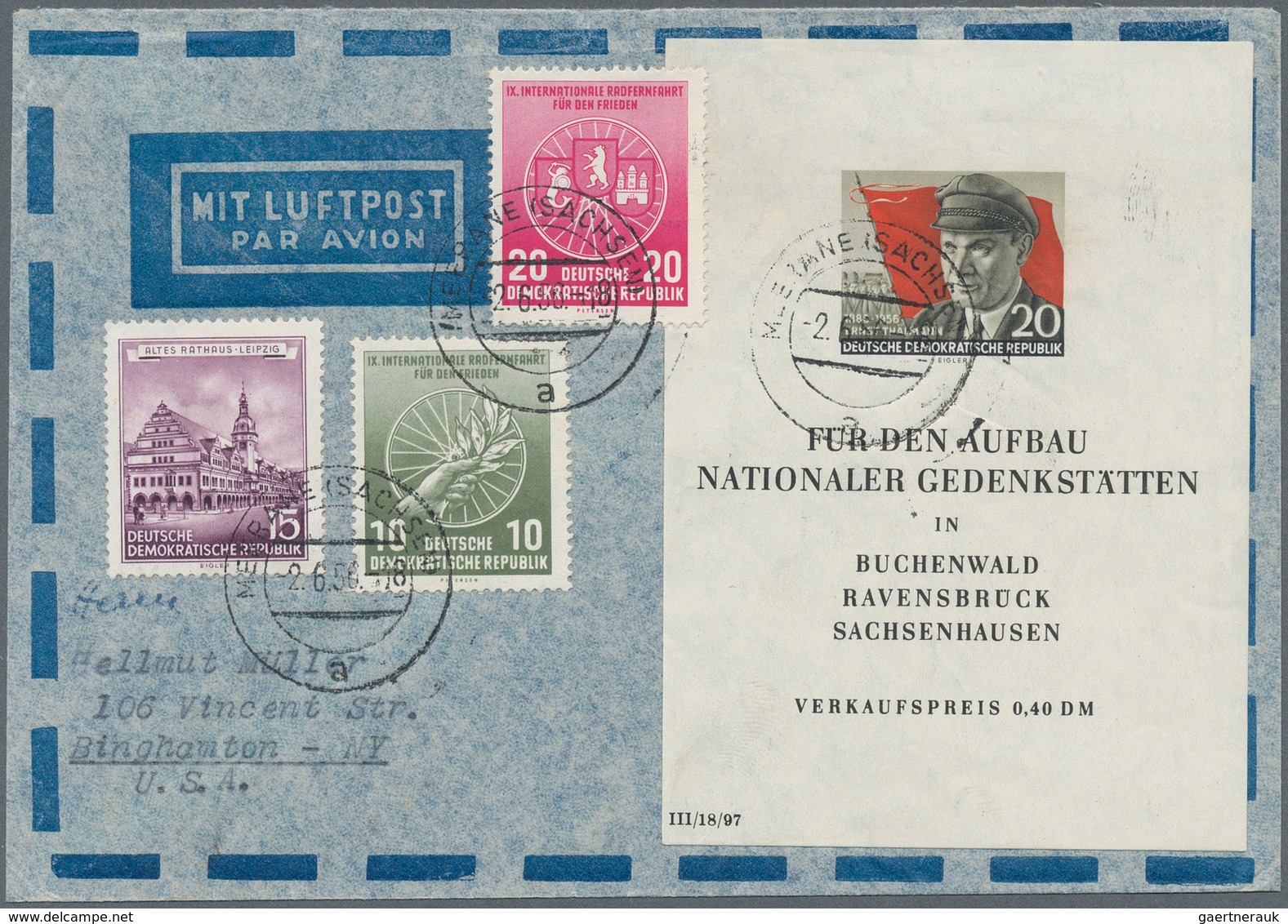 DDR: 1956, 20 Pf Thälmann Blockausgabe In MiF Auf Luftpostleichtbrief Von Merane Nach USA, Nicht Häu - Sonstige & Ohne Zuordnung